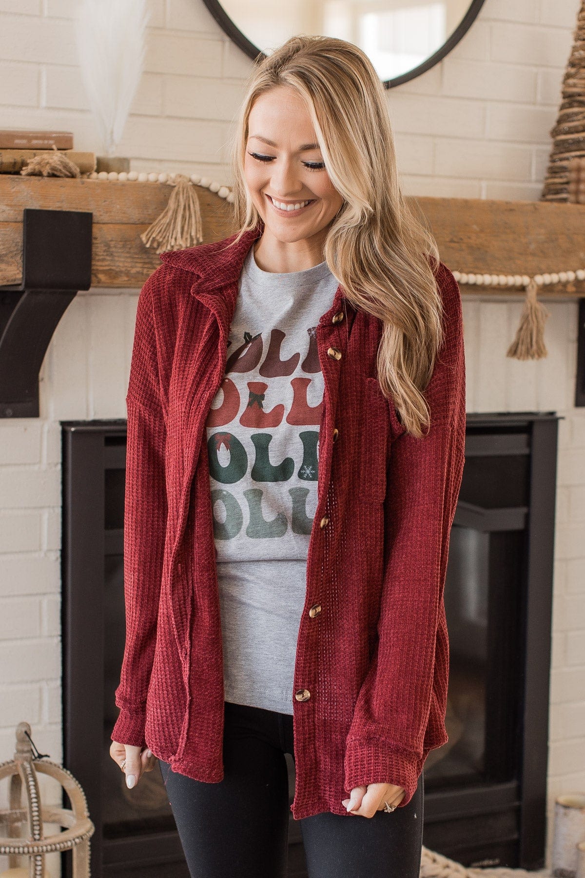 One Step Ahead Knit Button Top- Burgundy