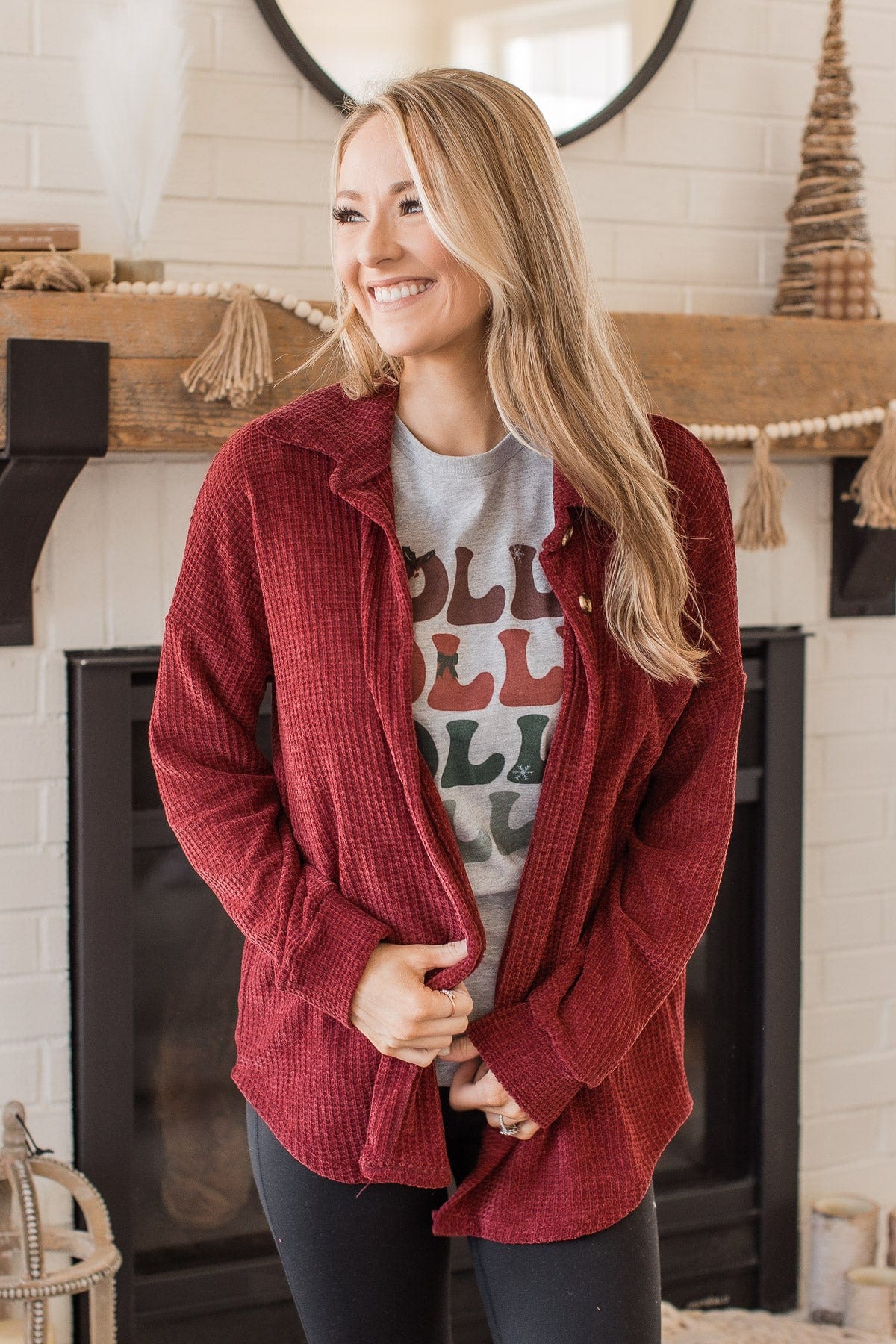 One Step Ahead Knit Button Top- Burgundy