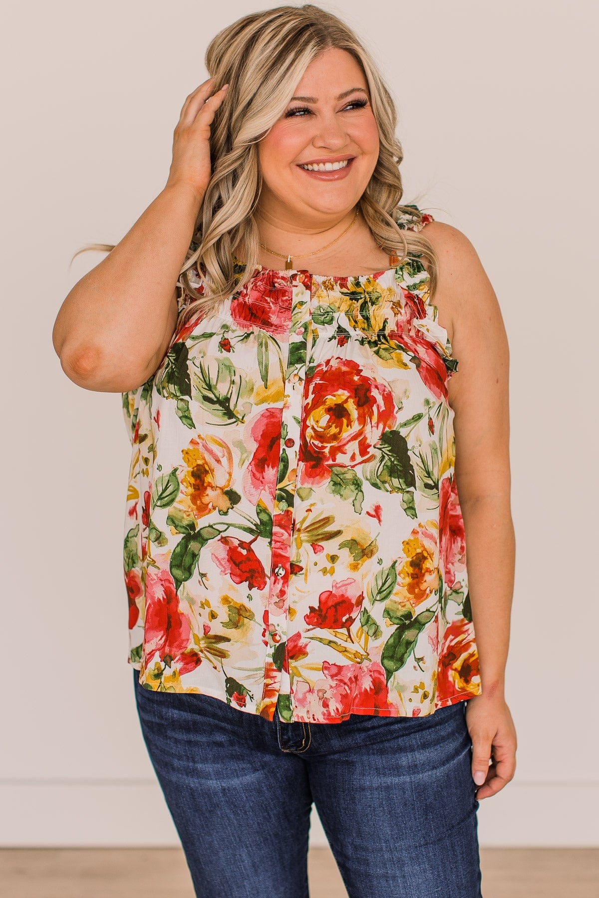 Sweet As Spring Floral Tank Top- Ivory & Pink