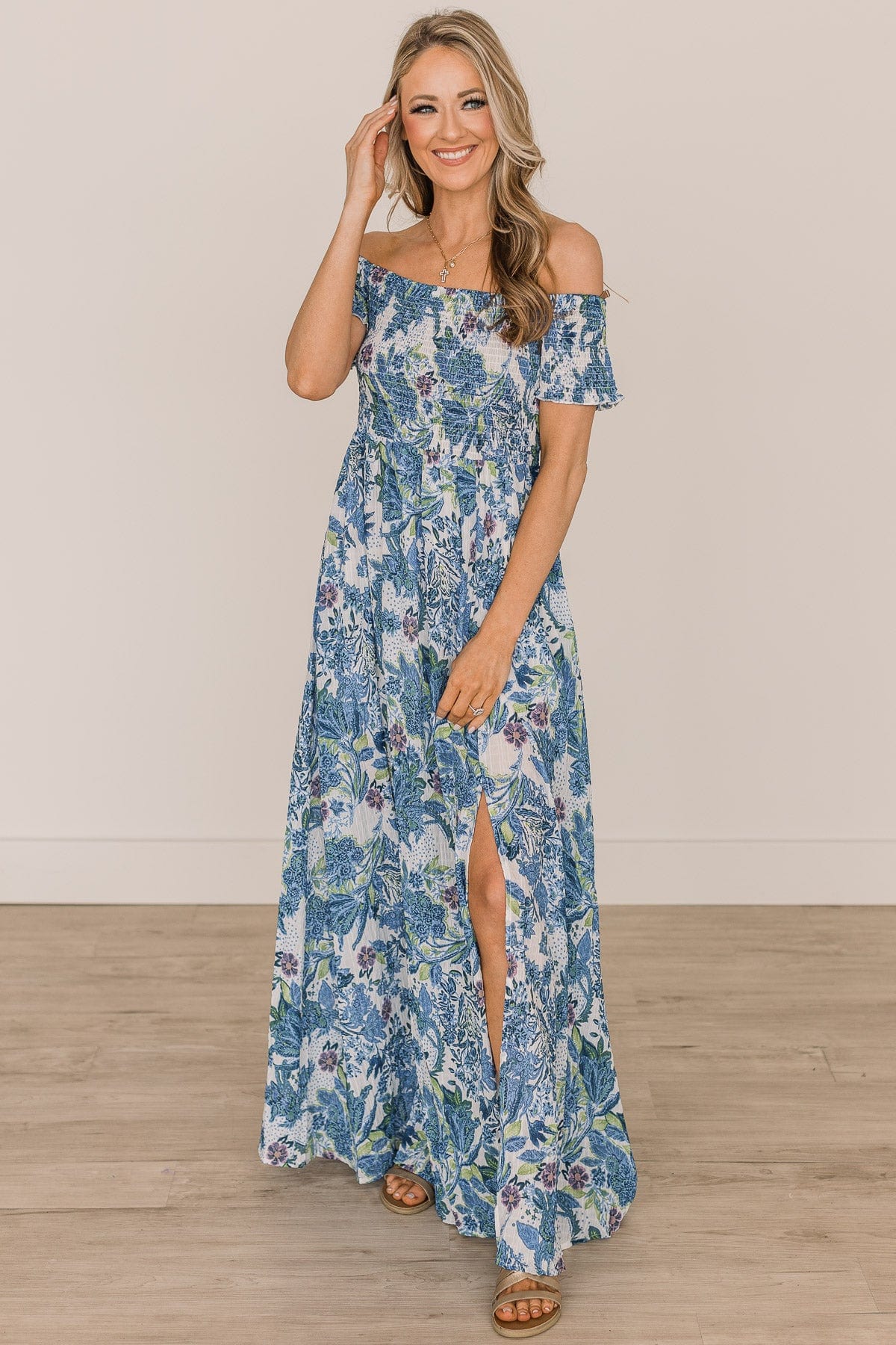 Show Your Radiance Smocked Maxi Dress- Ivory & Blue Show Your Radiance Smocked Maxi Dress- Ivory & Blue