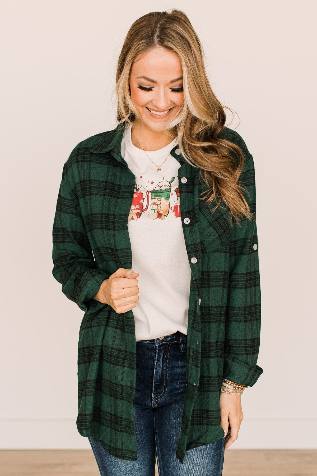 Never Gets Old Plaid Button Top- Hunter Green