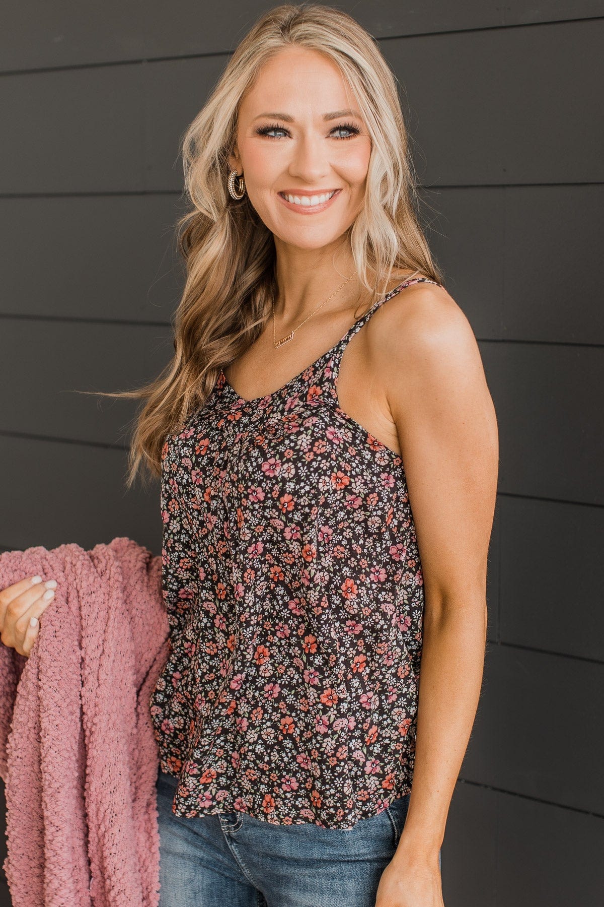 Lost In The Flowers Tank Top- Black & Pink