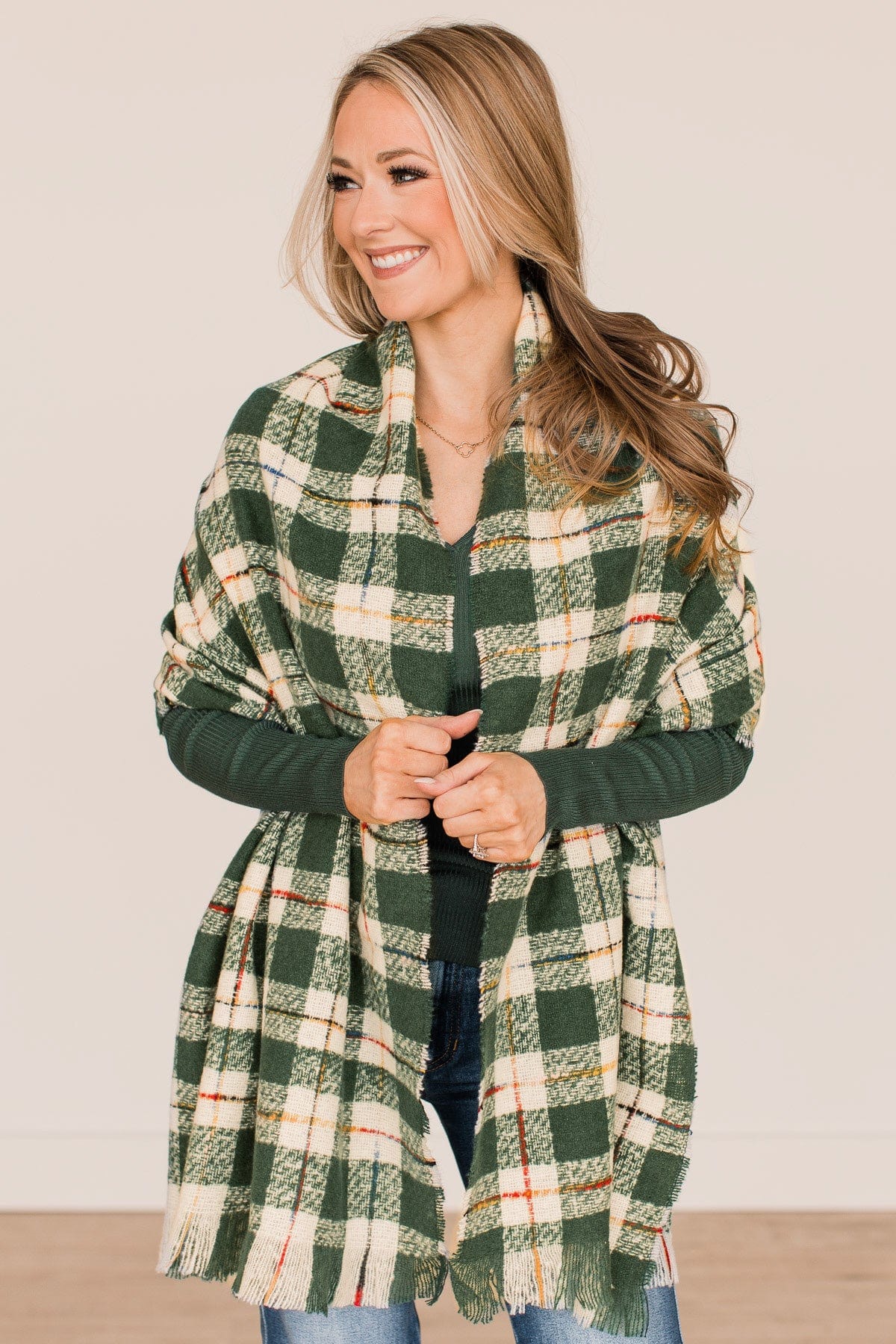 Welcoming Winter Plaid Oblong Scarf- Green