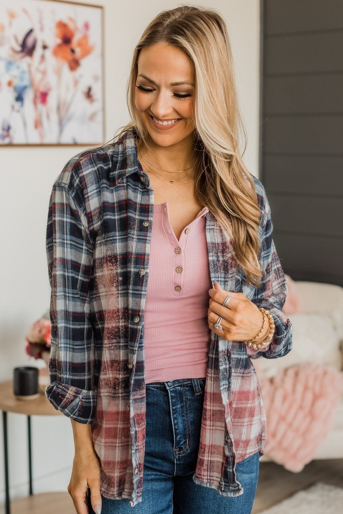 Follow You Anywhere Bleached Plaid Top- Navy & Pink