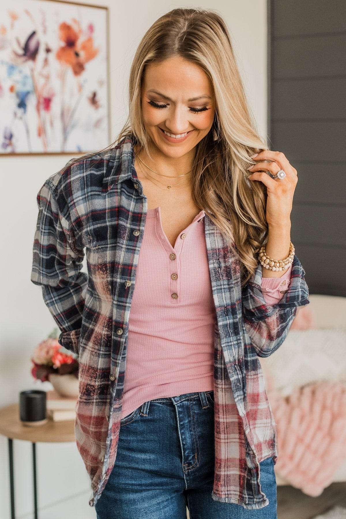 Follow You Anywhere Bleached Plaid Top- Navy & Pink