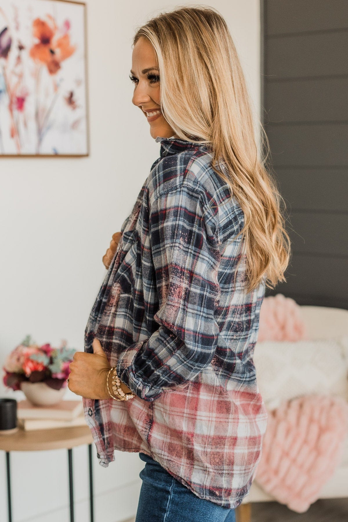 Follow You Anywhere Bleached Plaid Top- Navy & Pink