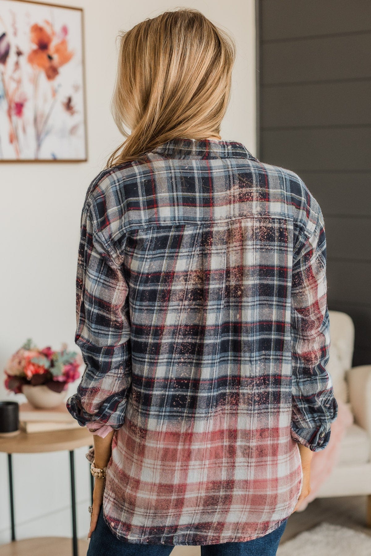 Follow You Anywhere Bleached Plaid Top- Navy & Pink