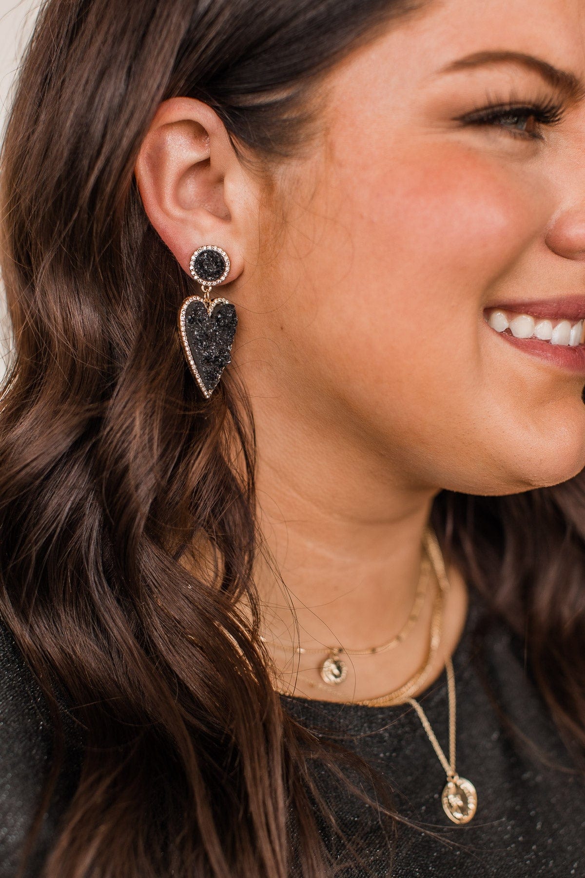 Romantic Allure Heart Dangle Earrings- Black