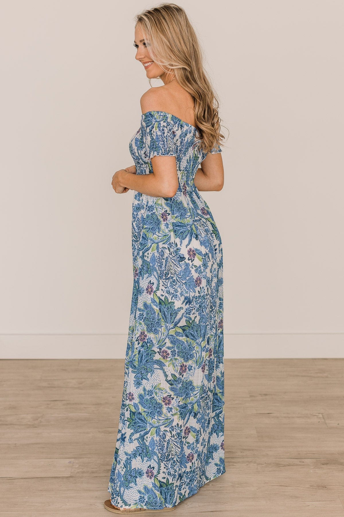 Show Your Radiance Smocked Maxi Dress- Ivory & Blue