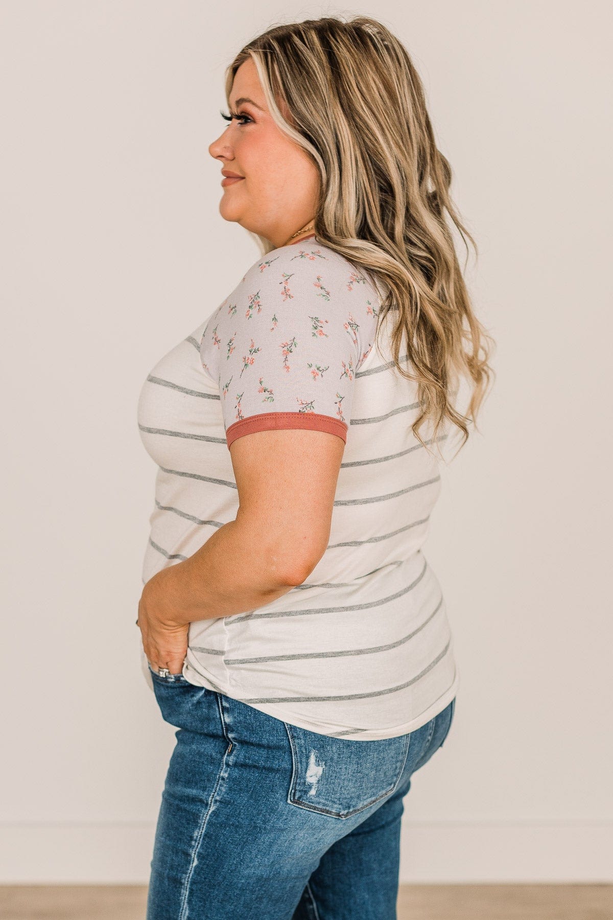 Win You Over Short Sleeve Raglan Top- Ivory & Grey