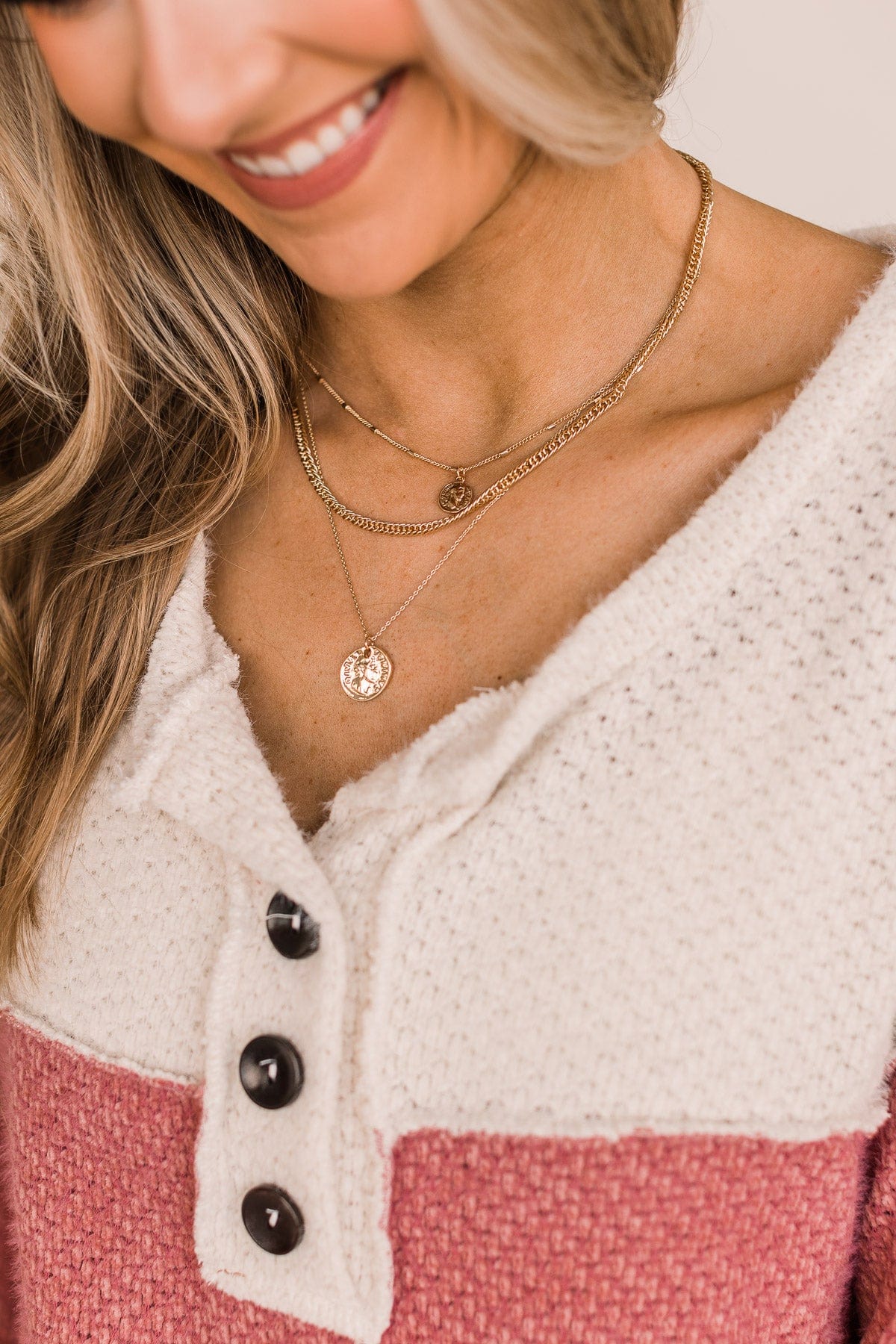 Get A Reaction 3-Tier Necklace & Earring Set- Gold