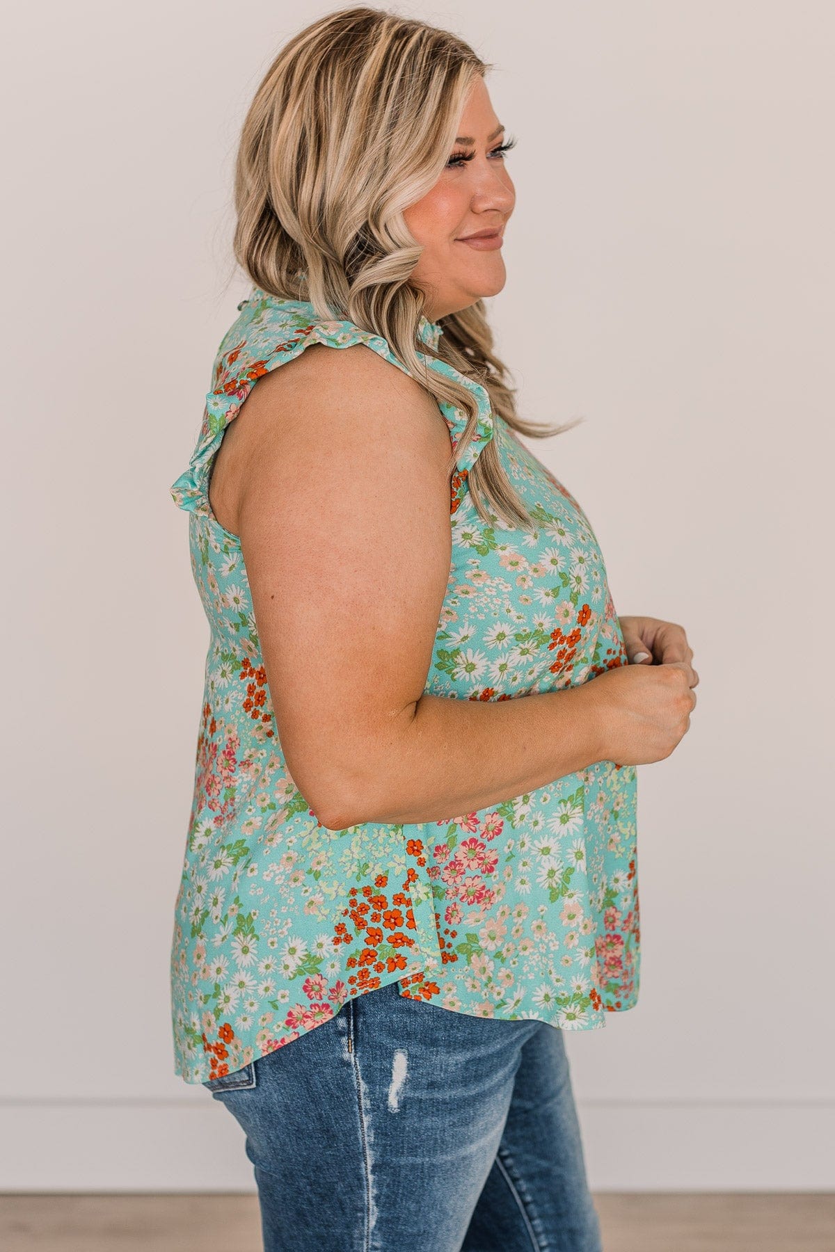Right Beside You Floral Ruffle Top- Blue