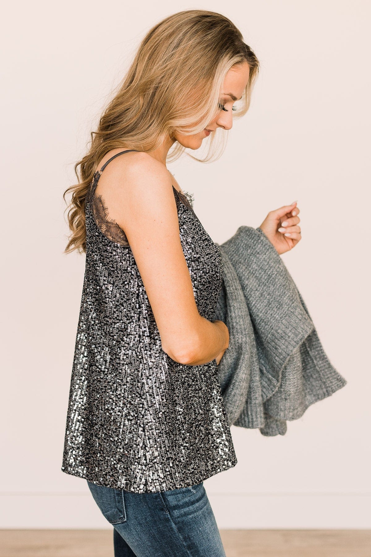 Stunning In Sequins Tank Top- Charcoal & Silver