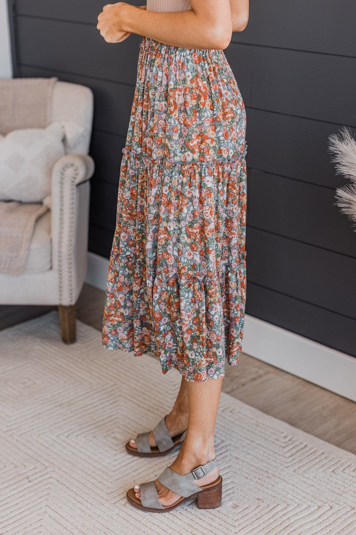 Like A Wildflower Floral Skirt- Grey & Rust