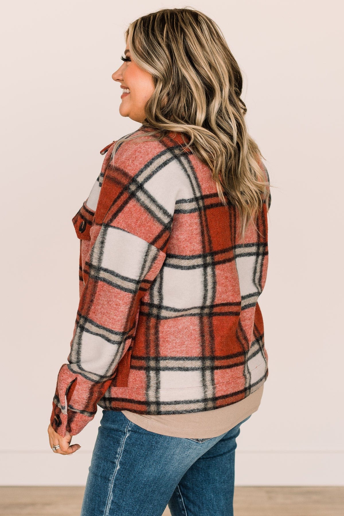 Face The Day Plaid Button Jacket- Red & Ivory
