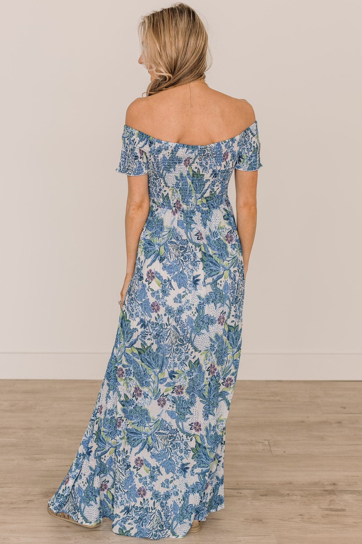 Show Your Radiance Smocked Maxi Dress- Ivory & Blue