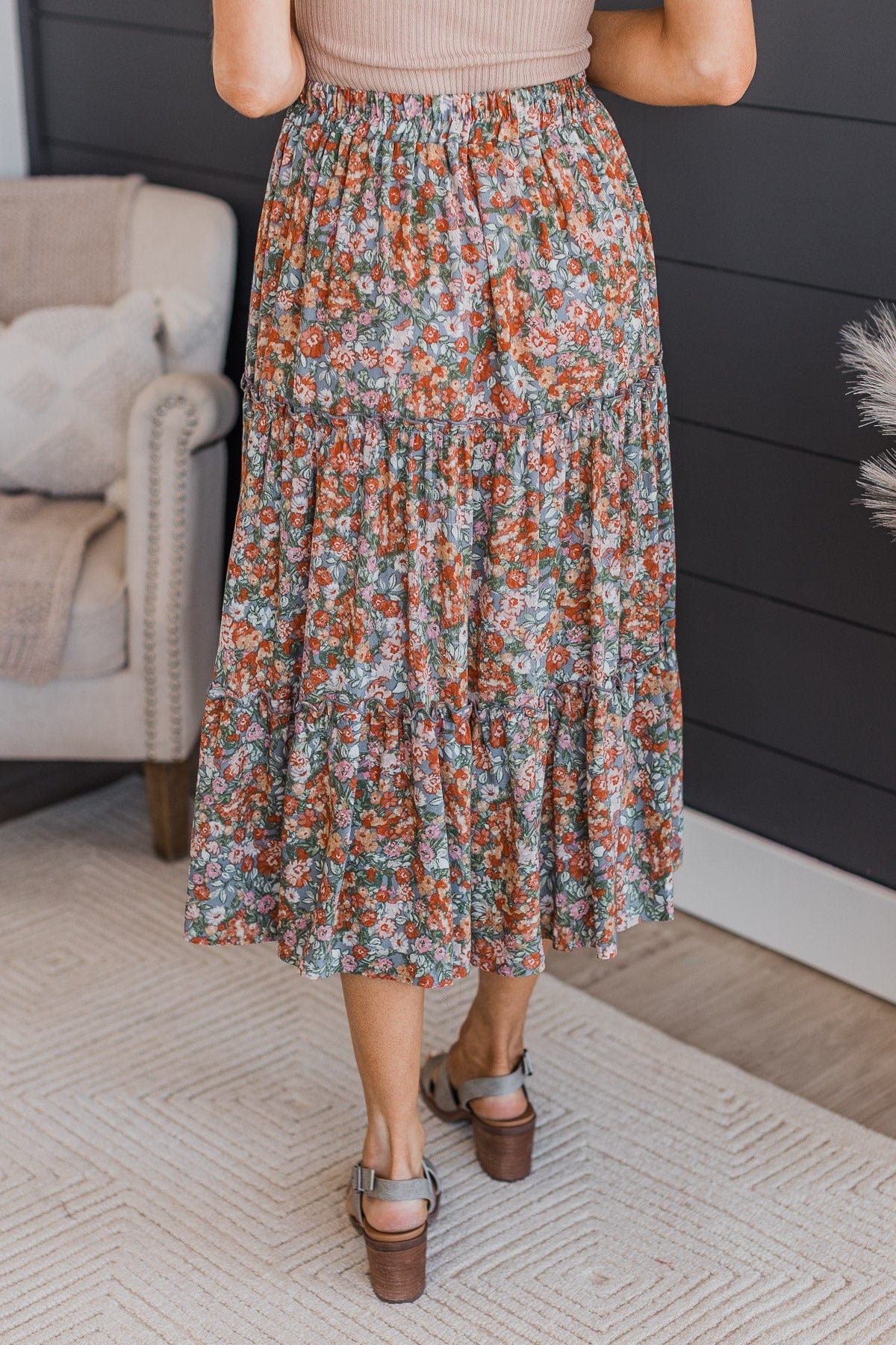 Like A Wildflower Floral Skirt- Grey & Rust