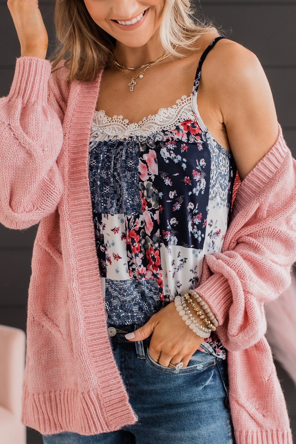 The Way You Love Me Floral Lace Tank- Navy