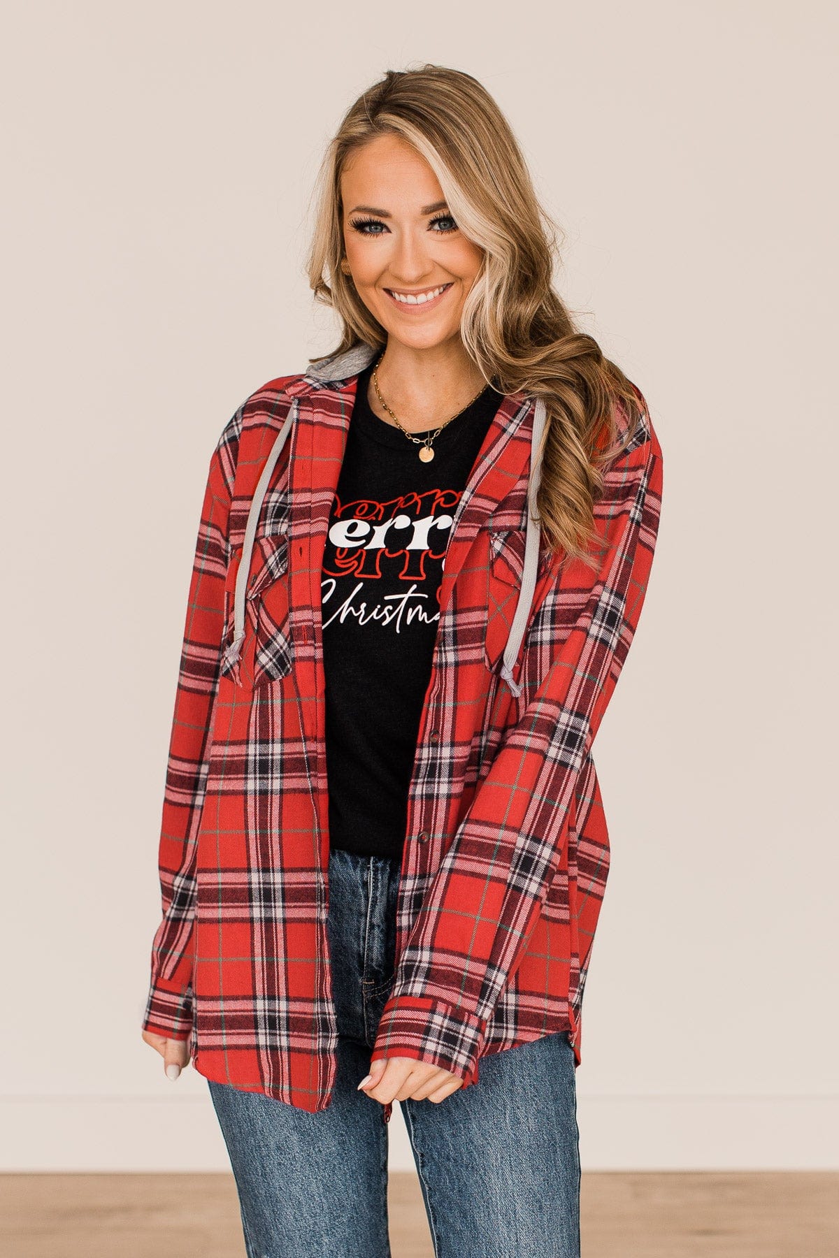 Heartfelt Serenades Hooded Plaid Top- Red