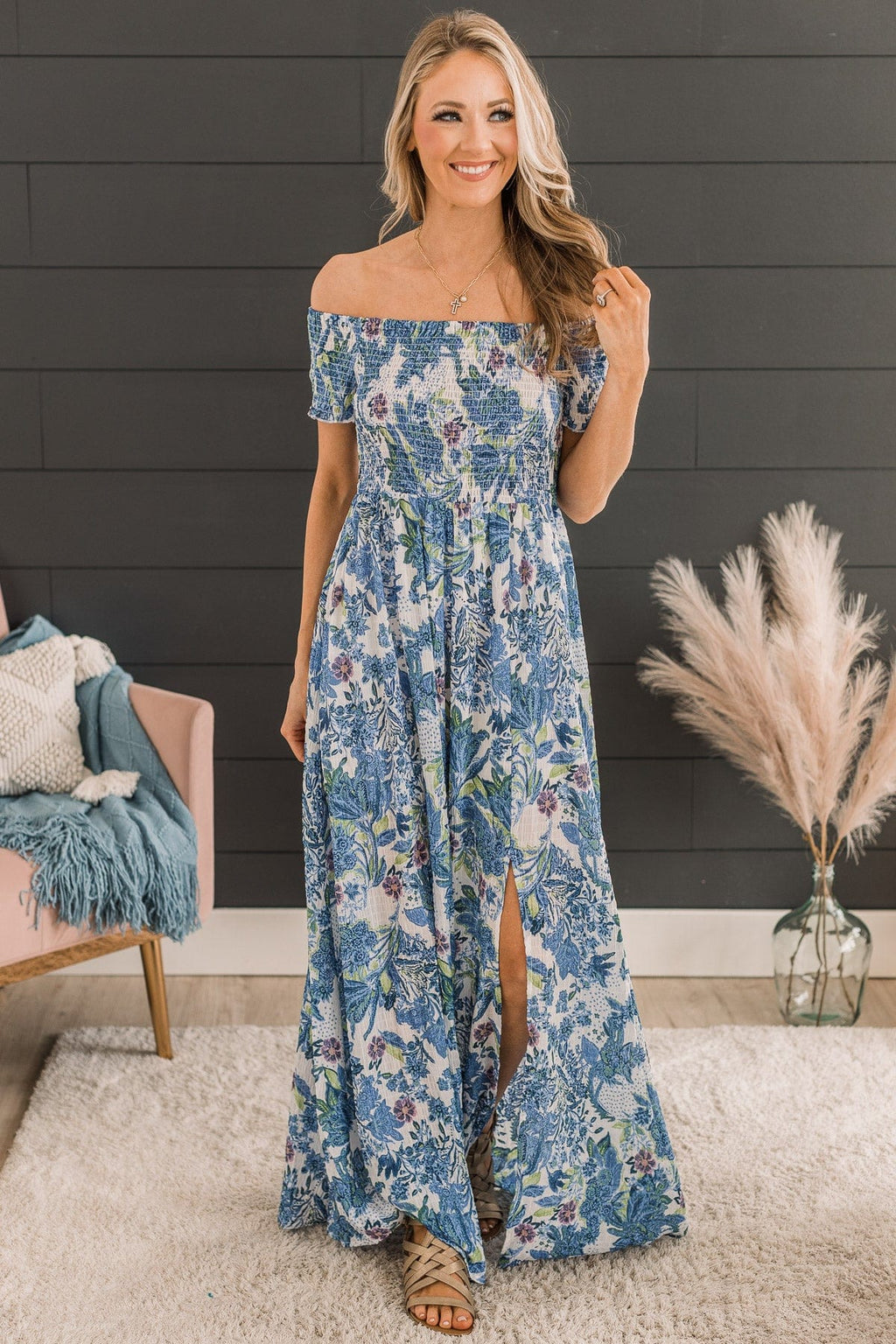 Show Your Radiance Smocked Maxi Dress- Ivory & Blue