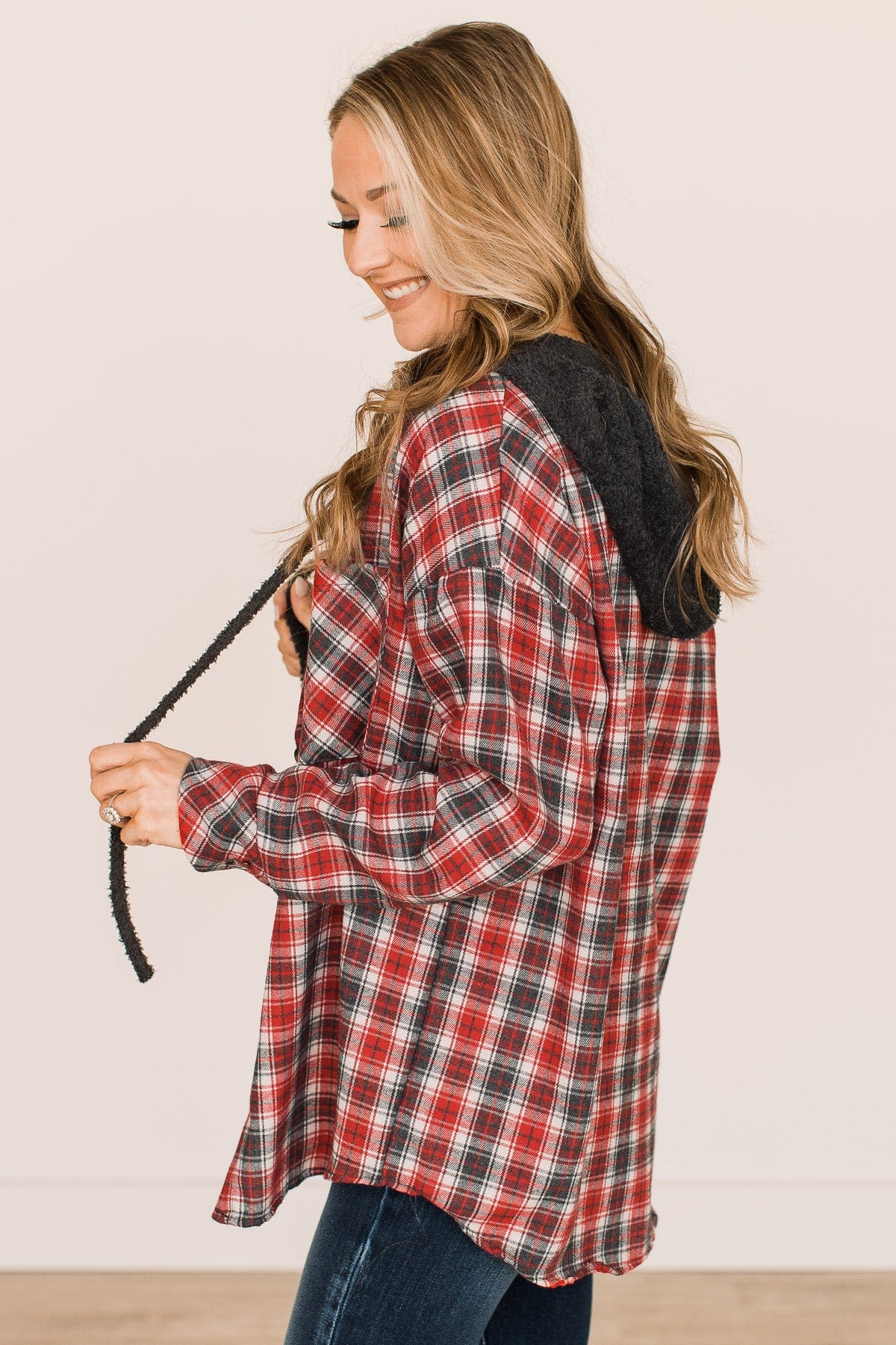 Take The Leap Hooded Plaid Top- Red & Charcoal