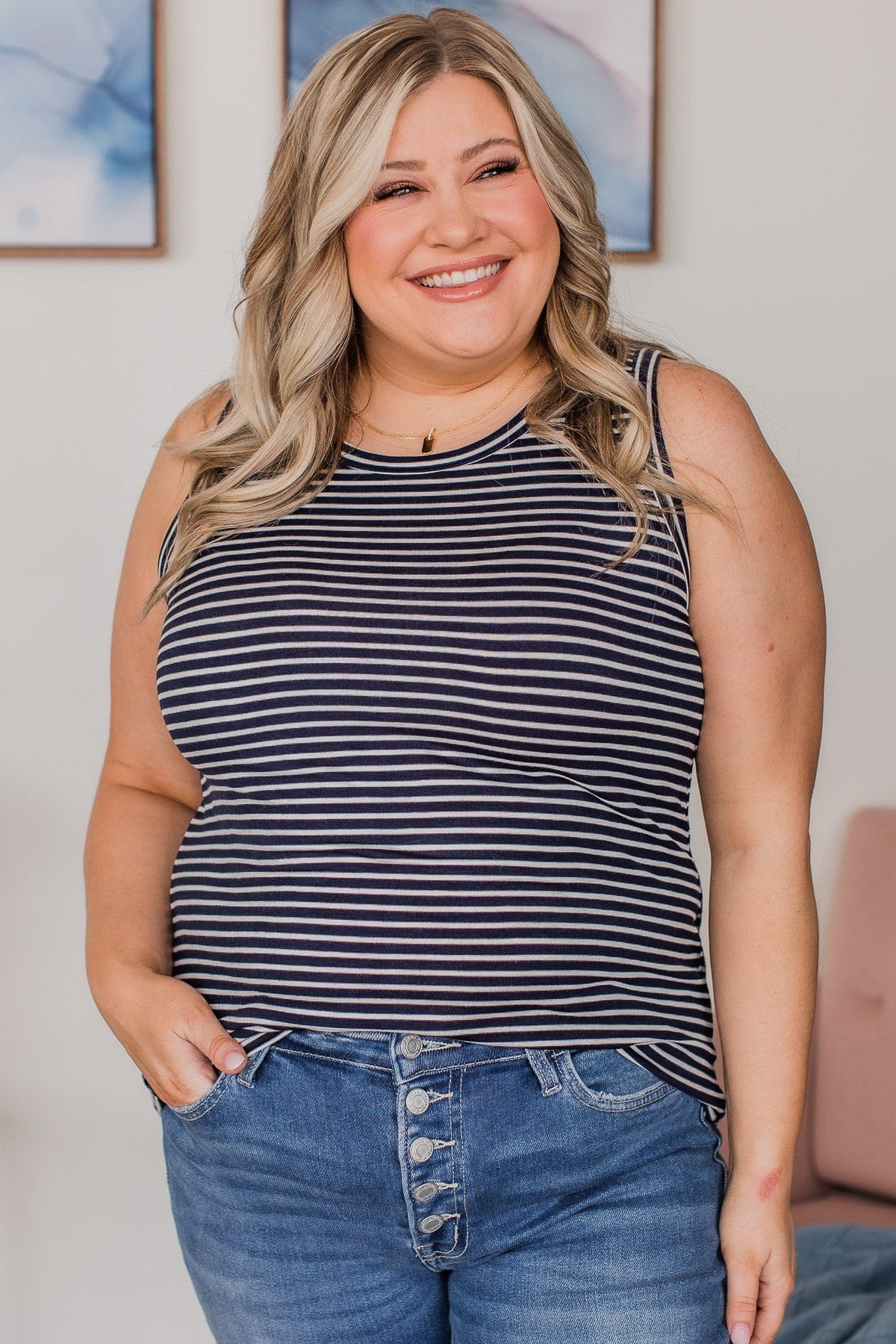 Happiness Achieved Striped Tank Top- Navy