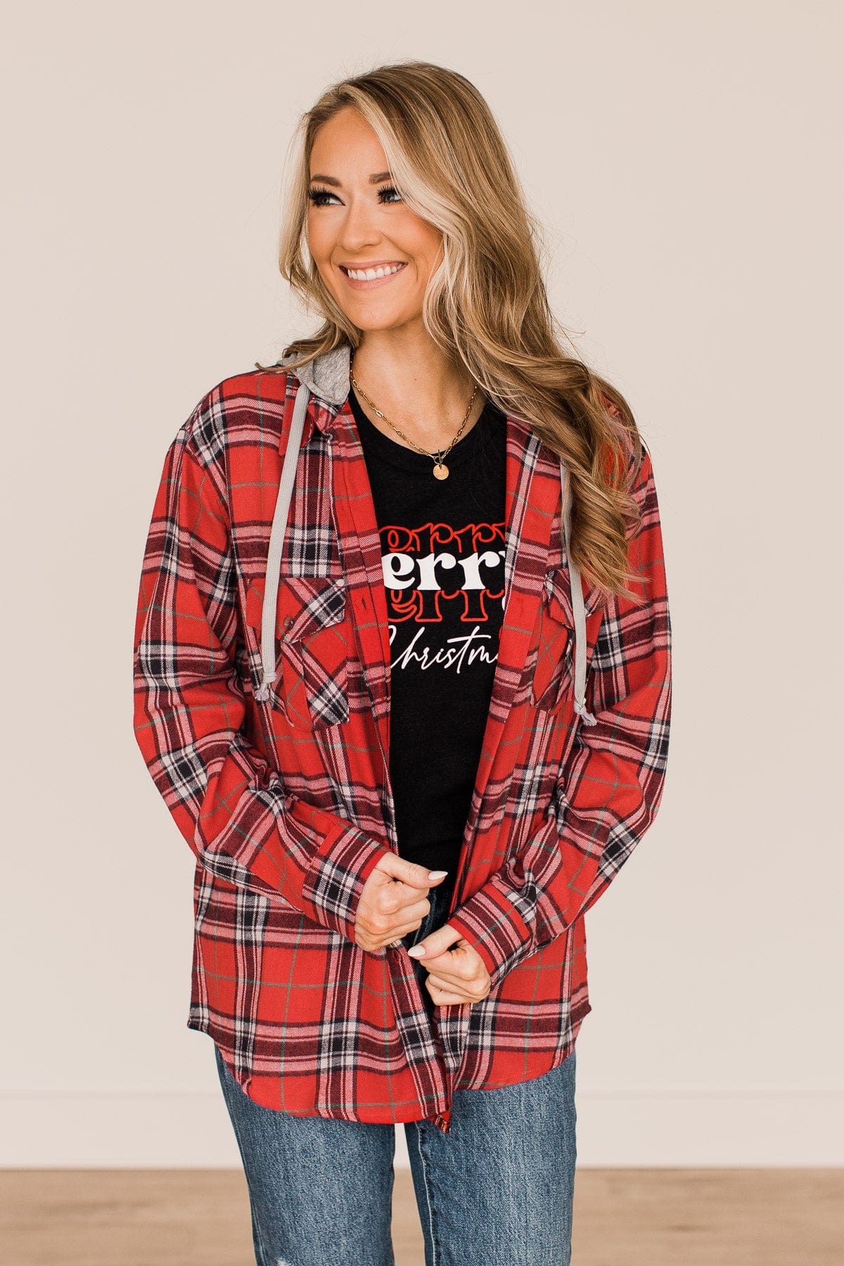 Heartfelt Serenades Hooded Plaid Top- Red
