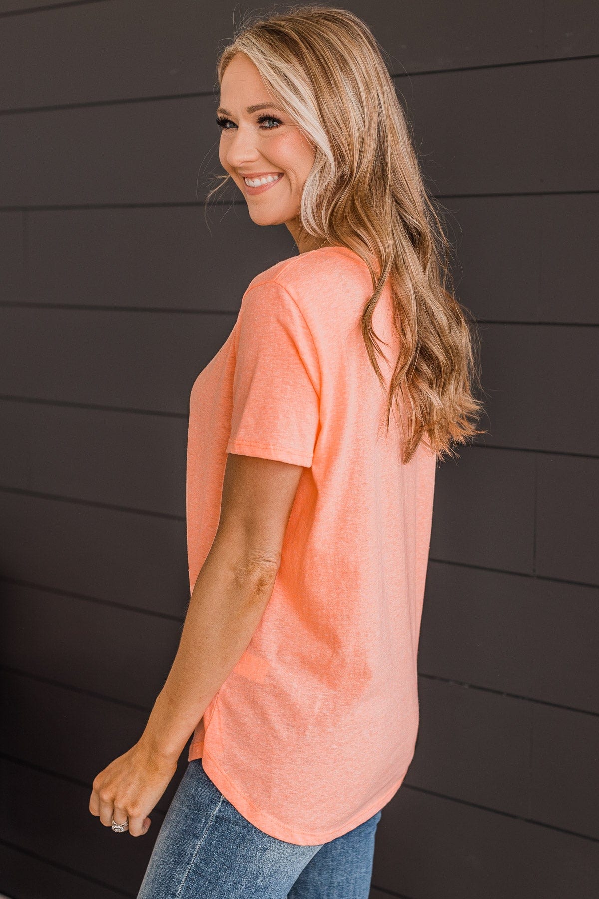 You Found My Heart V-Neck Top- Neon Coral