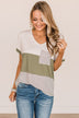 Feel The Joy Color Block Top- Off-White & Olive