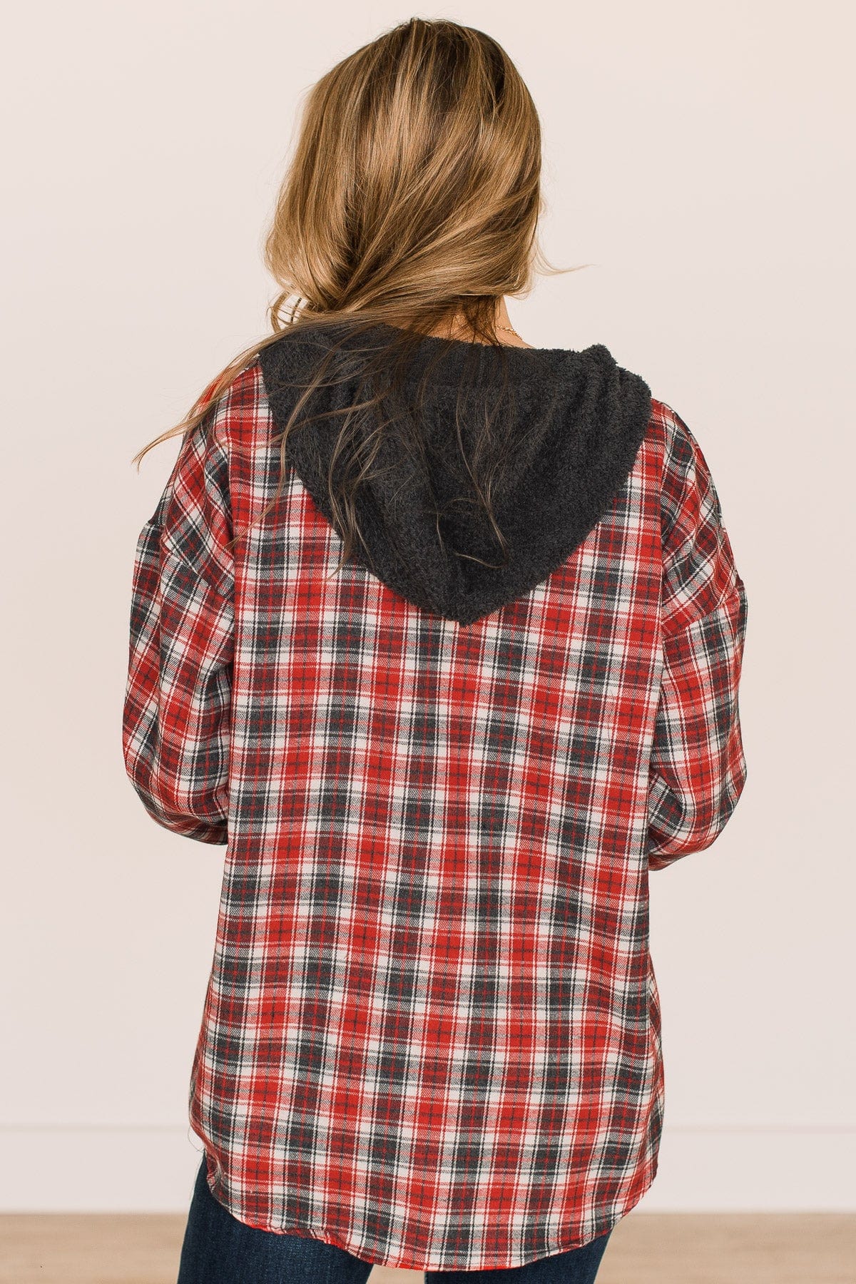 Take The Leap Hooded Plaid Top- Red & Charcoal