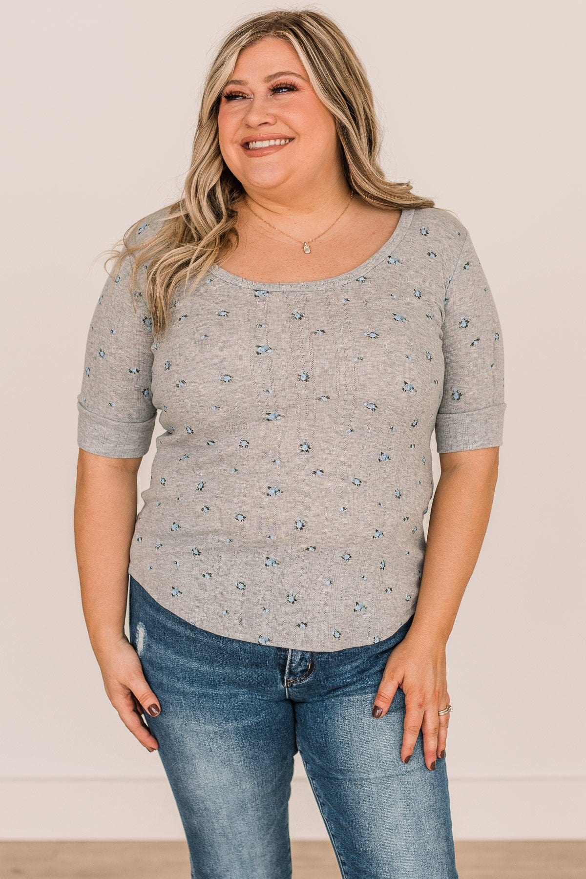 Looking To You Floral Knit Top- Heather Grey