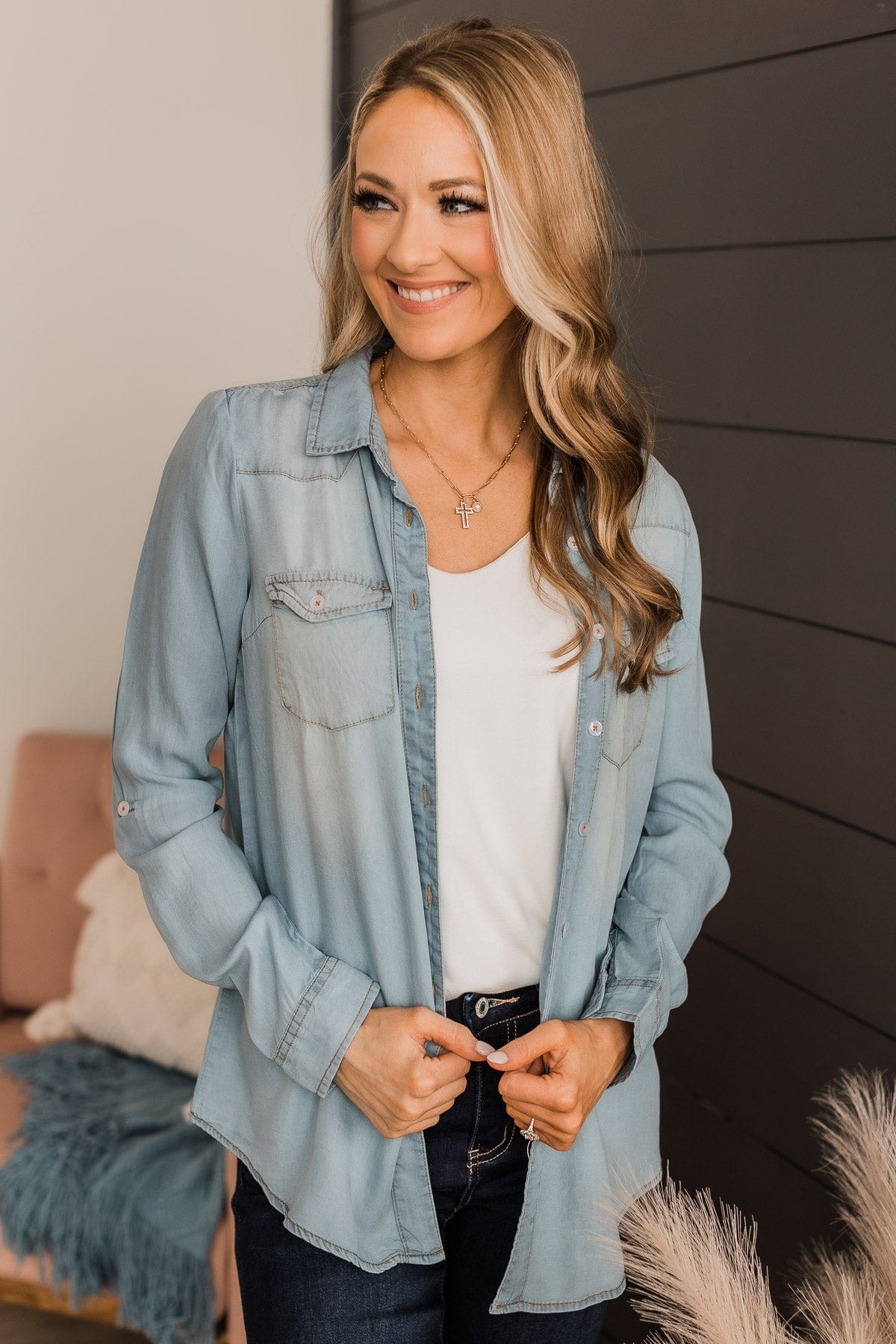 Spread Kindness Button Down Chambray Top- Light Denim