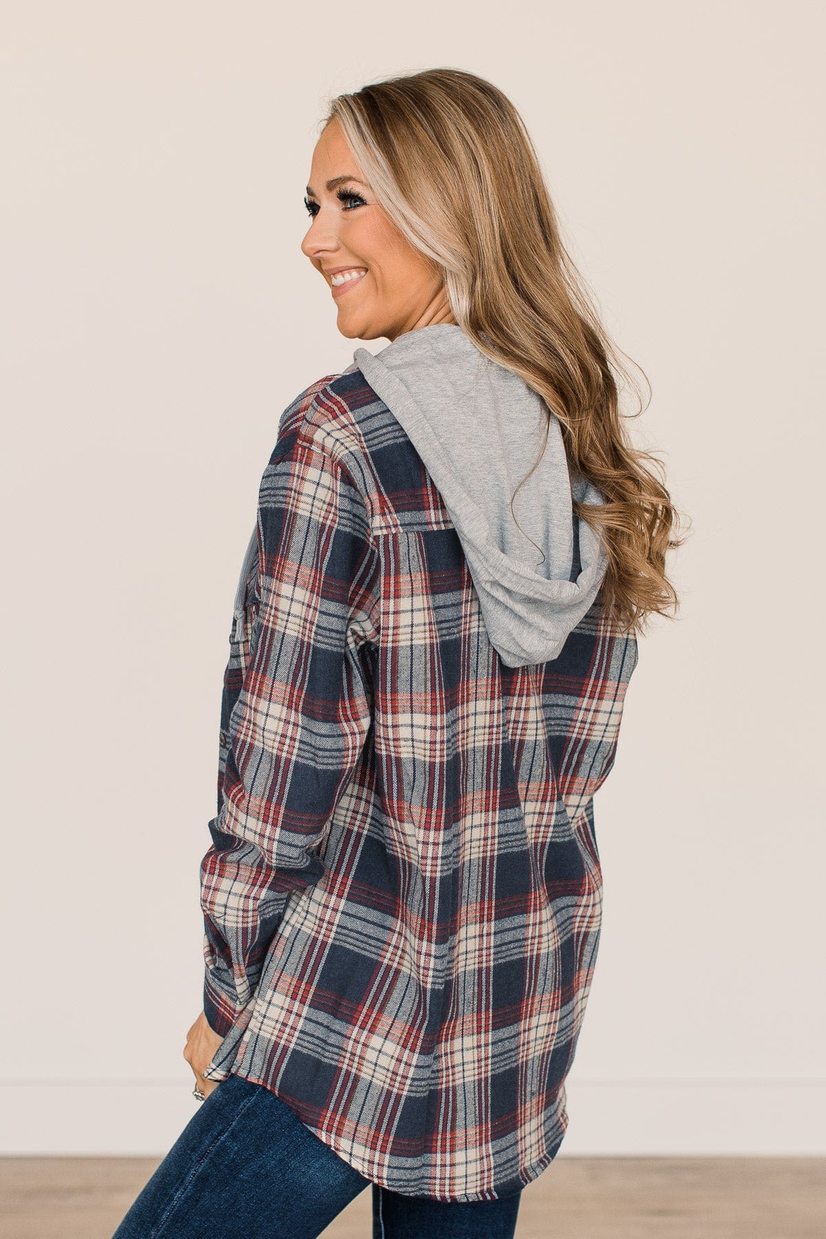 Heartfelt Serenades Hooded Plaid Top- Navy