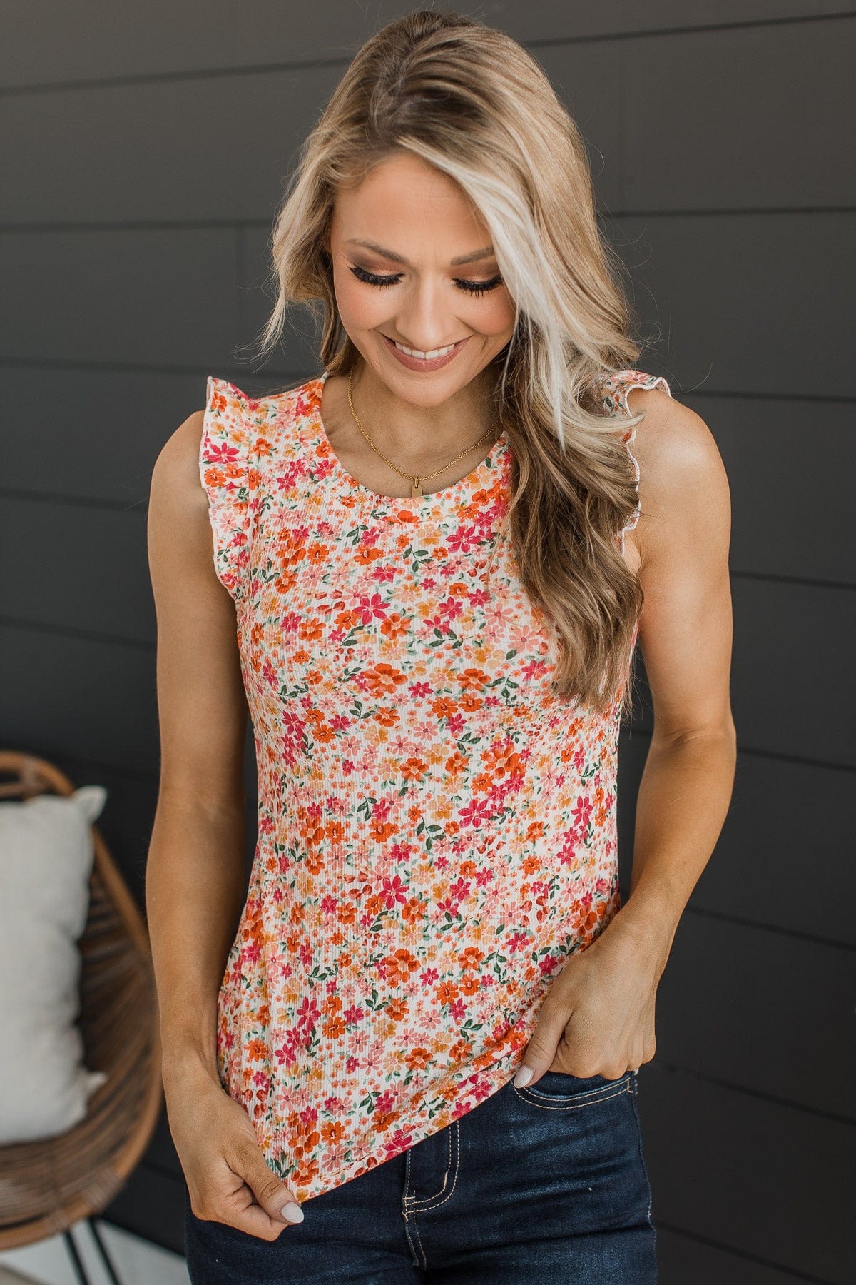 Late Night Romance Floral Knit Top- Pink & Orange