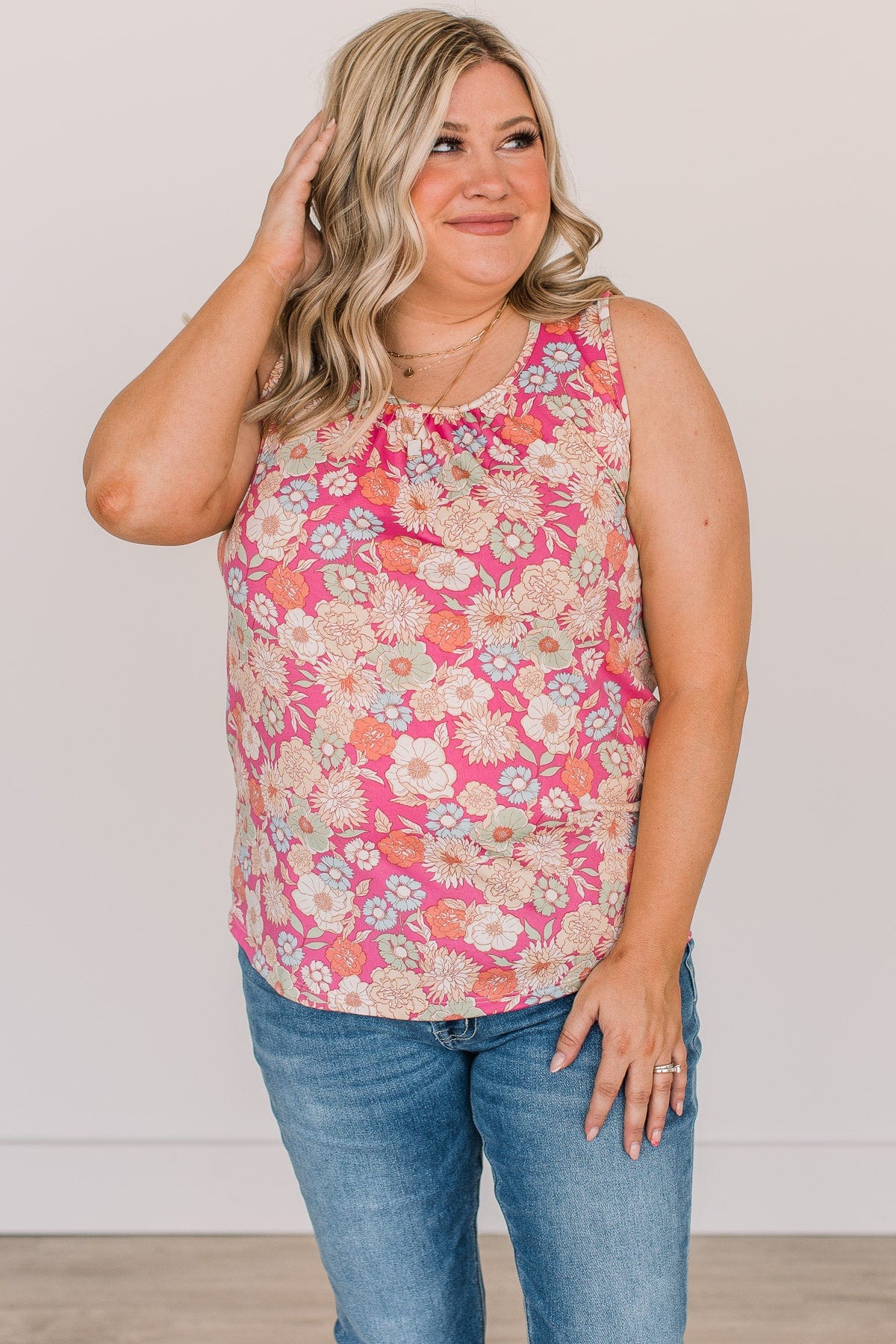 Cross Your Path Floral Tank Top- Bright Pink