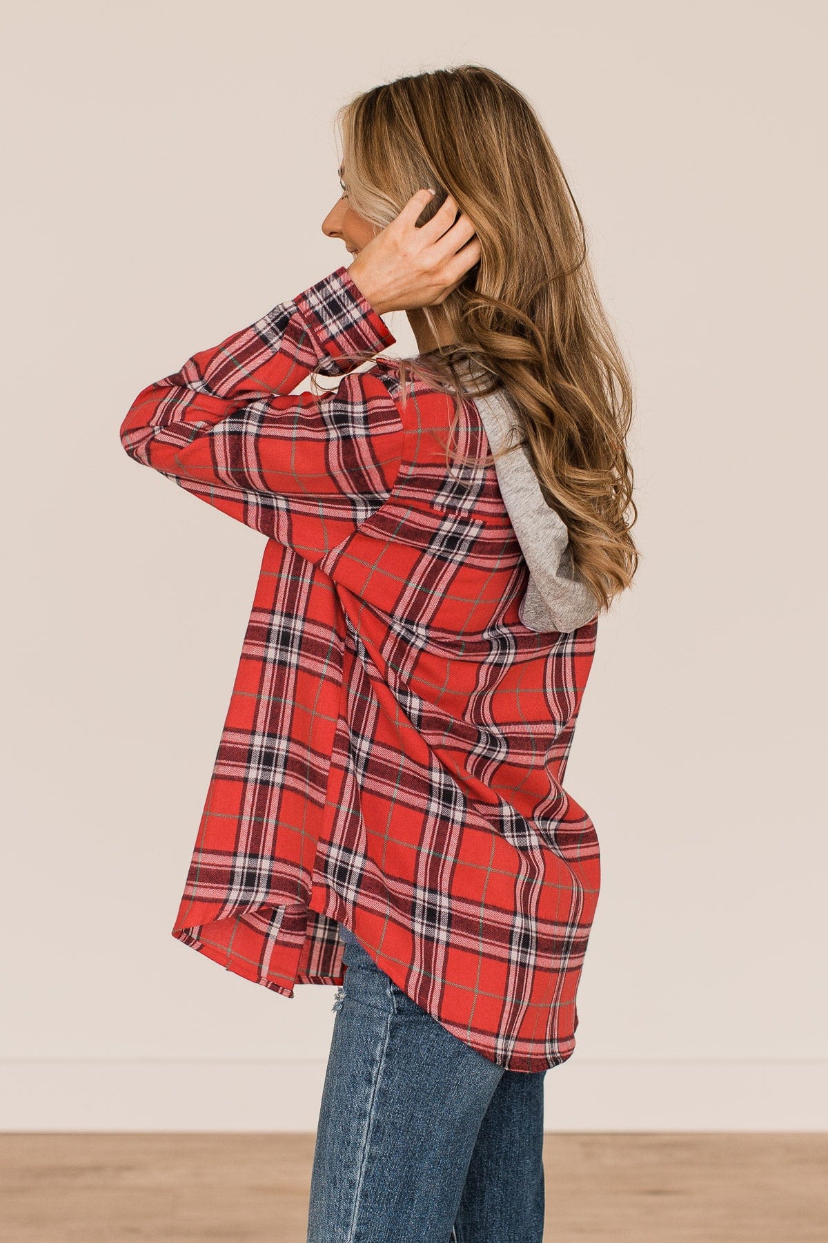 Heartfelt Serenades Hooded Plaid Top- Red