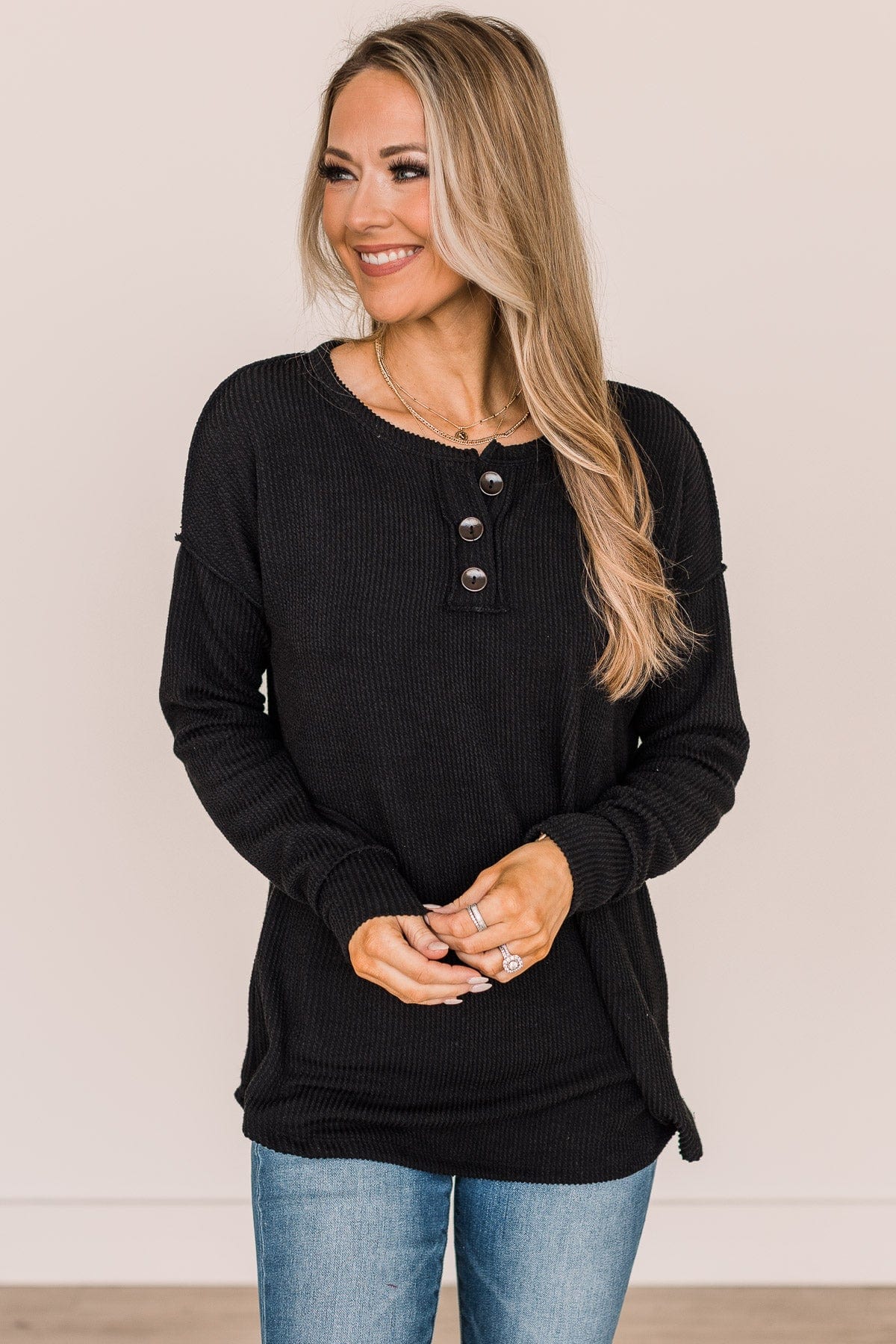 Make It Your Own Button Knit Top- Black
