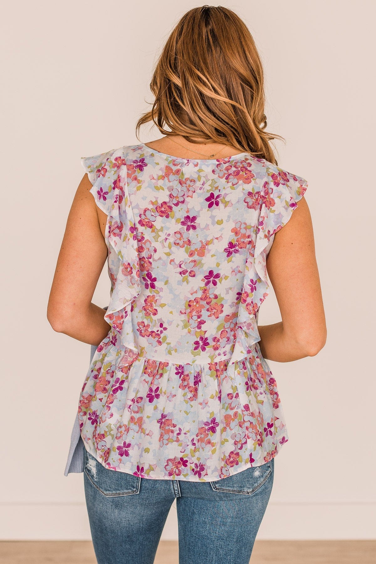 Kind Regards Floral Babydoll Blouse- Light Blue & Magenta