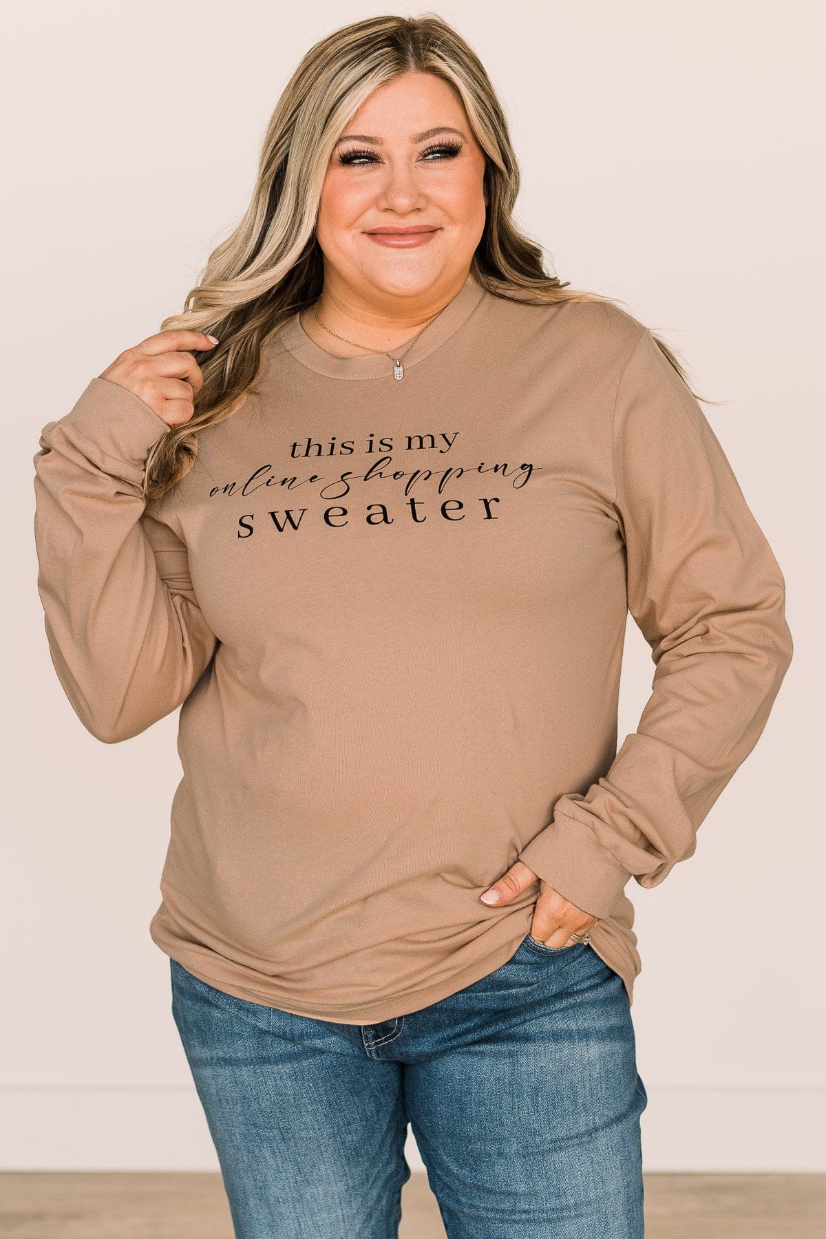 "This Is My Online Shopping Sweater" Graphic Top- Tan