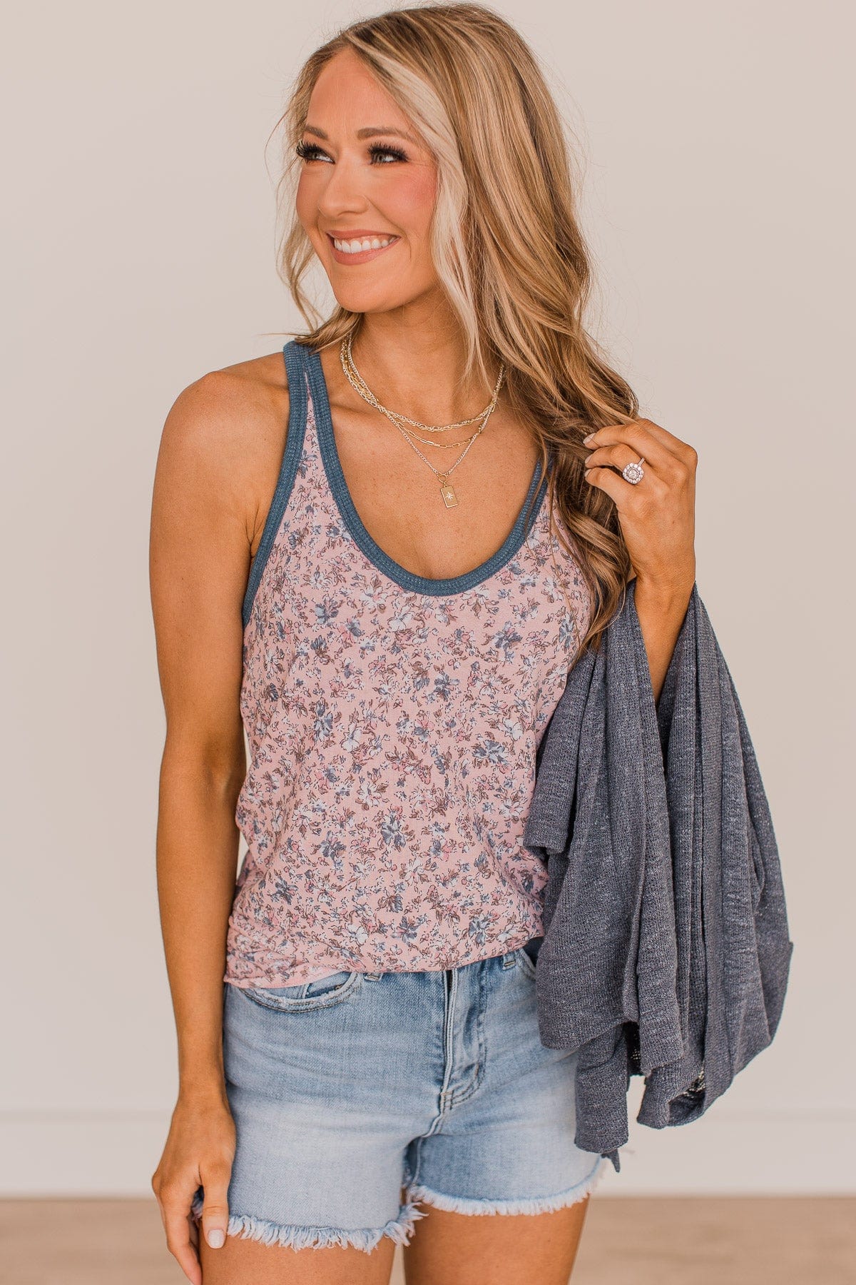 Make It My Own Floral Tank Top- Light Pink & Navy