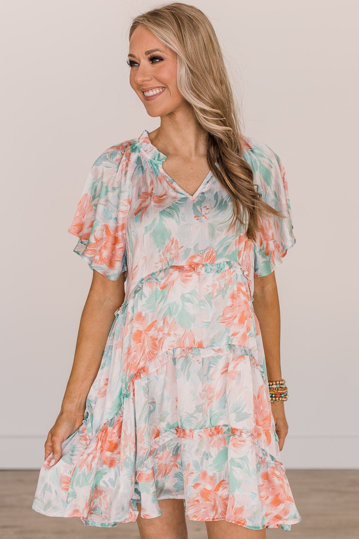 Cherish The Thought Floral Dress- Peach & Turquoise