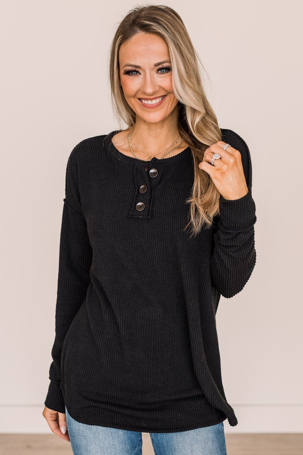 Make It Your Own Button Knit Top- Black