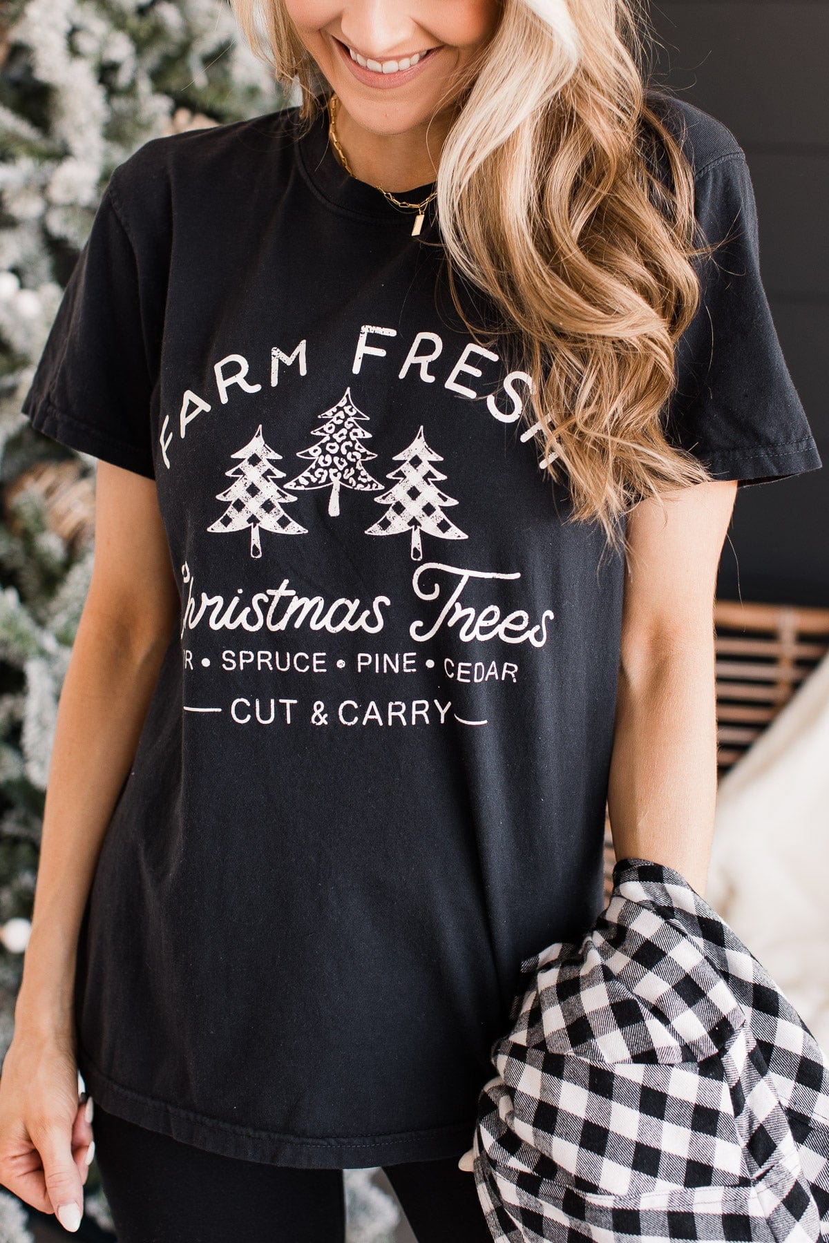 Festive "Farm Fresh Christmas Tree" Graphic Tee- Black