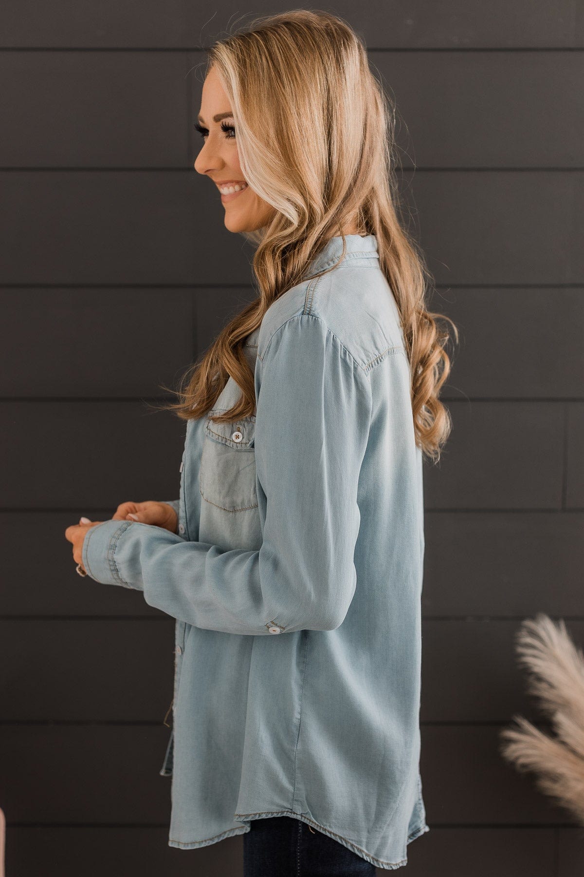 Spread Kindness Button Down Chambray Top- Light Denim