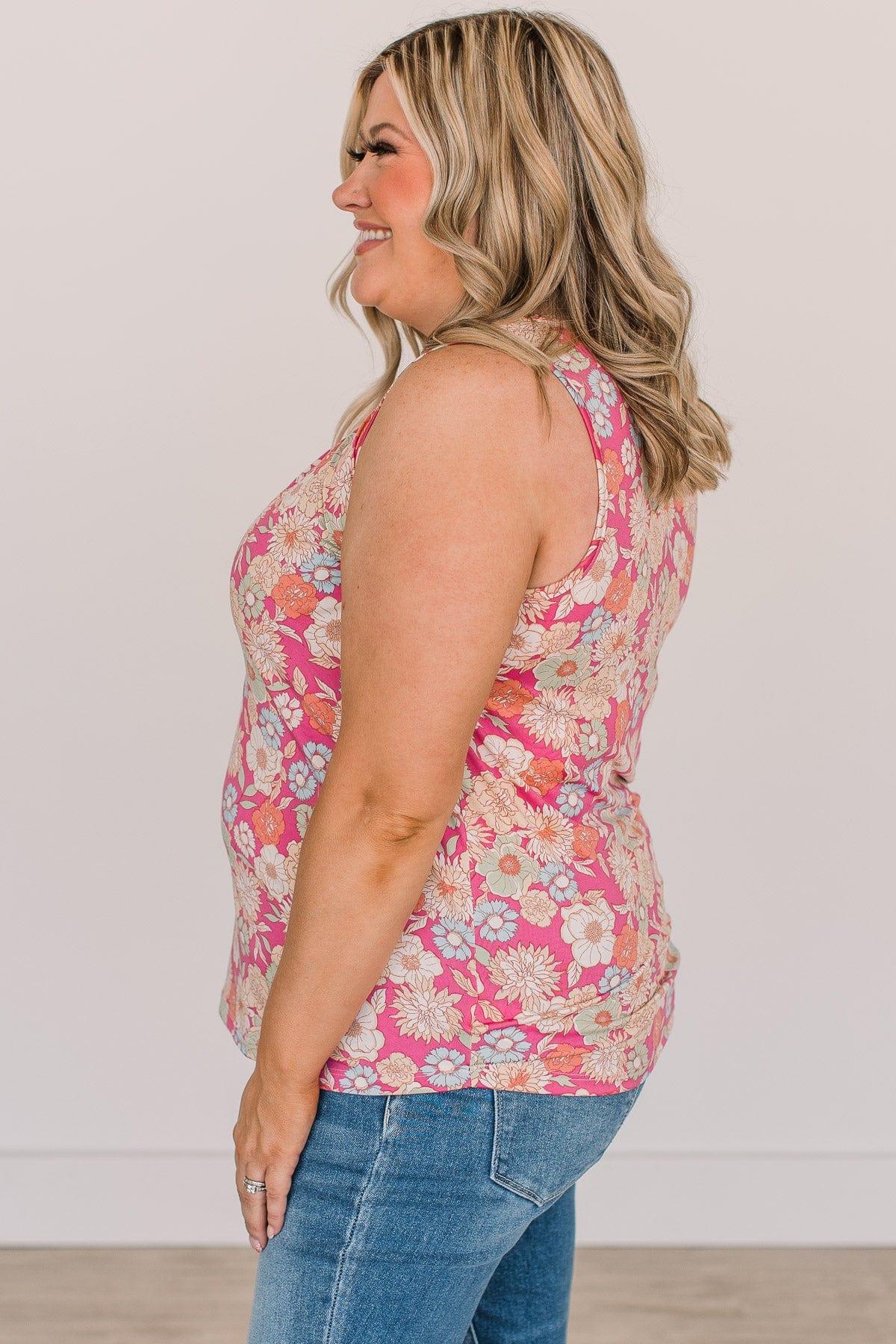 Cross Your Path Floral Tank Top- Bright Pink