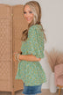 Floral Passions Puff Sleeve Peplum Blouse- Green