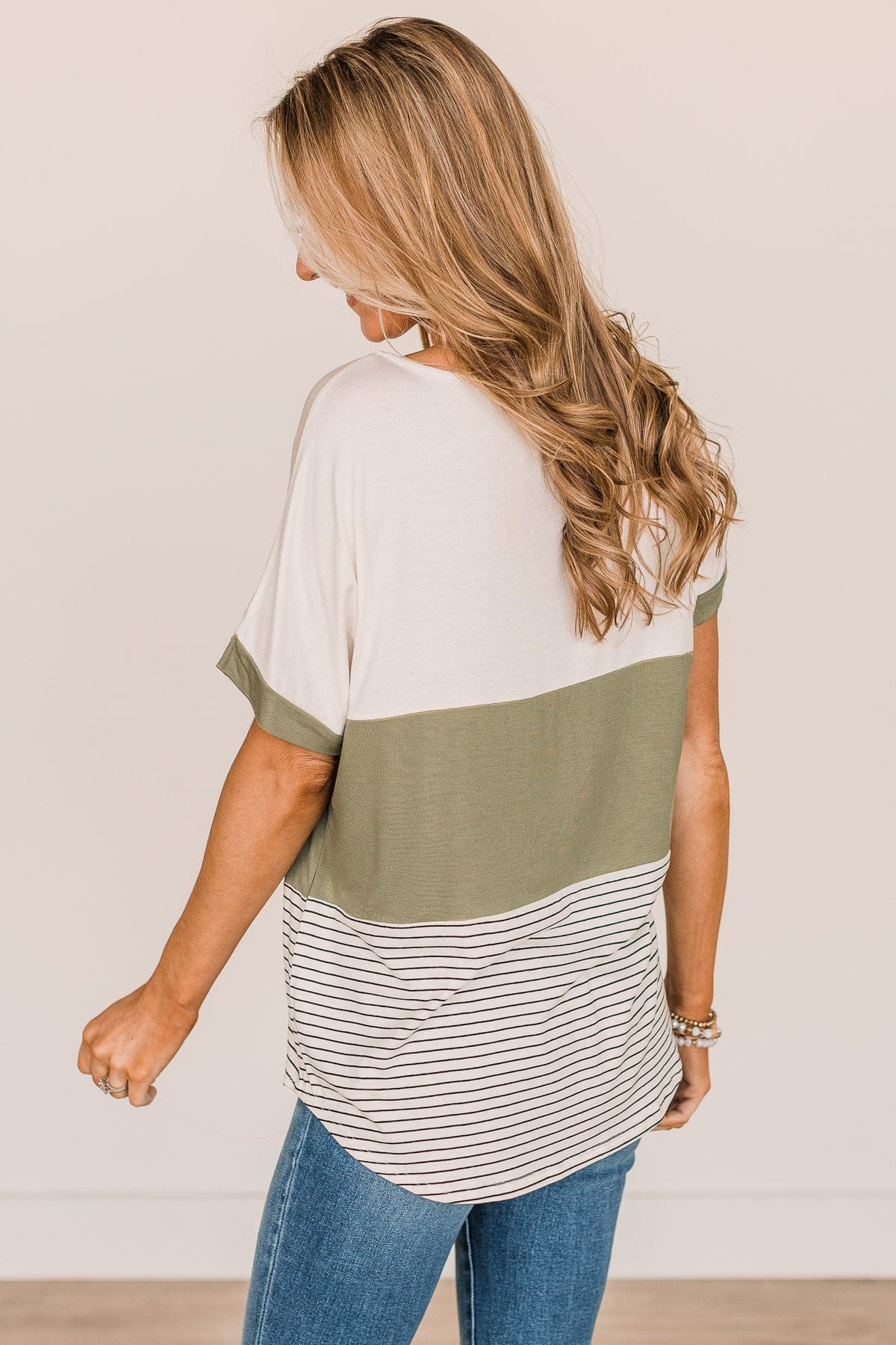 Feel The Joy Color Block Top- Off-White & Olive