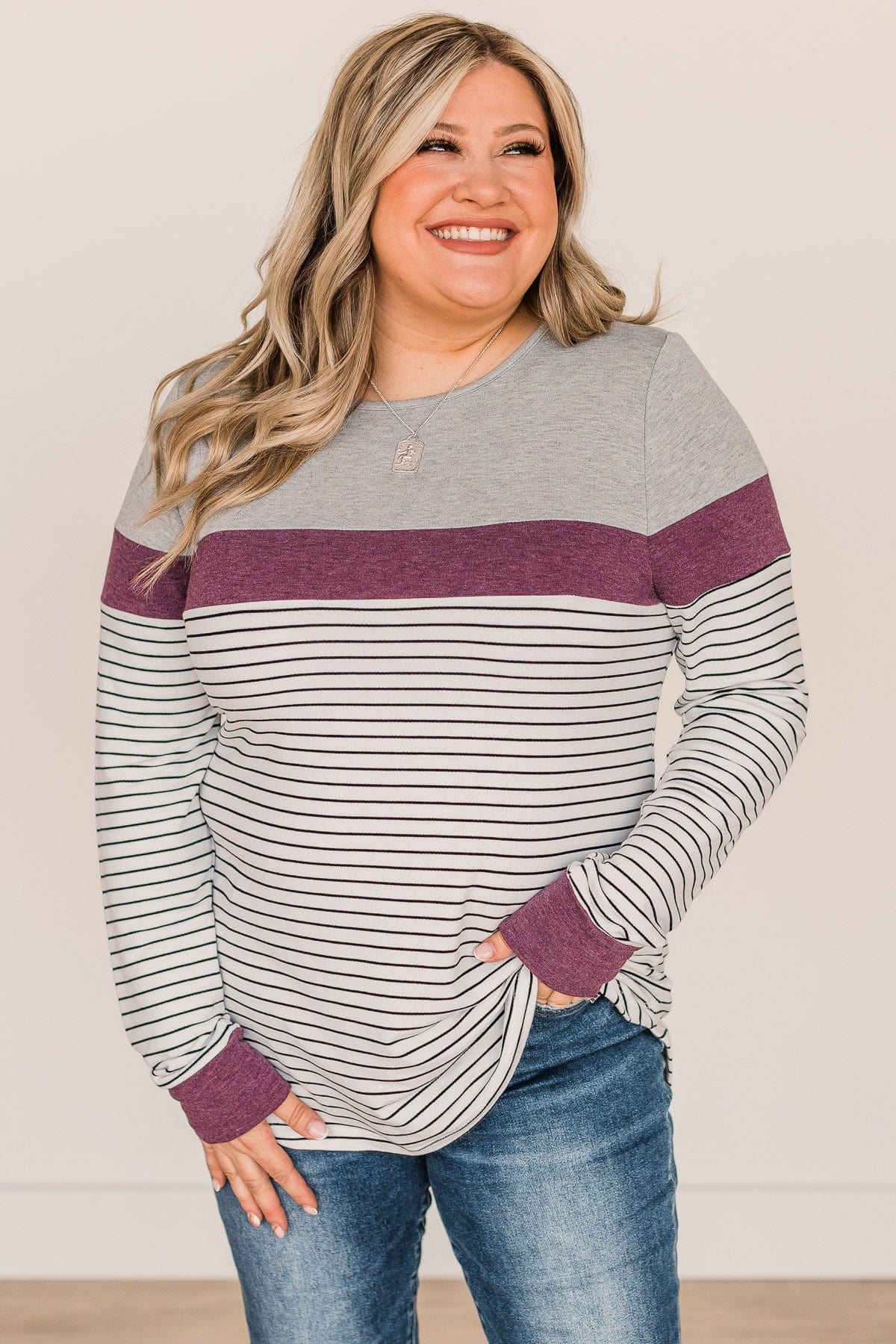 Sweet In Stripes Color Block Top- Ivory & Plum