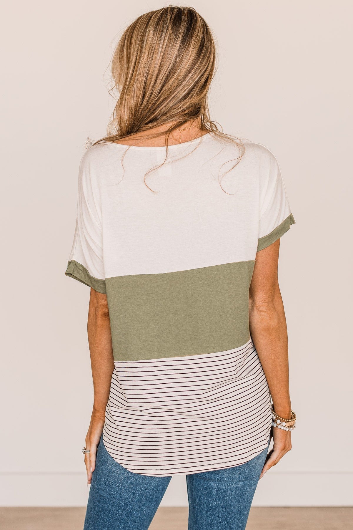 Feel The Joy Color Block Top- Off-White & Olive