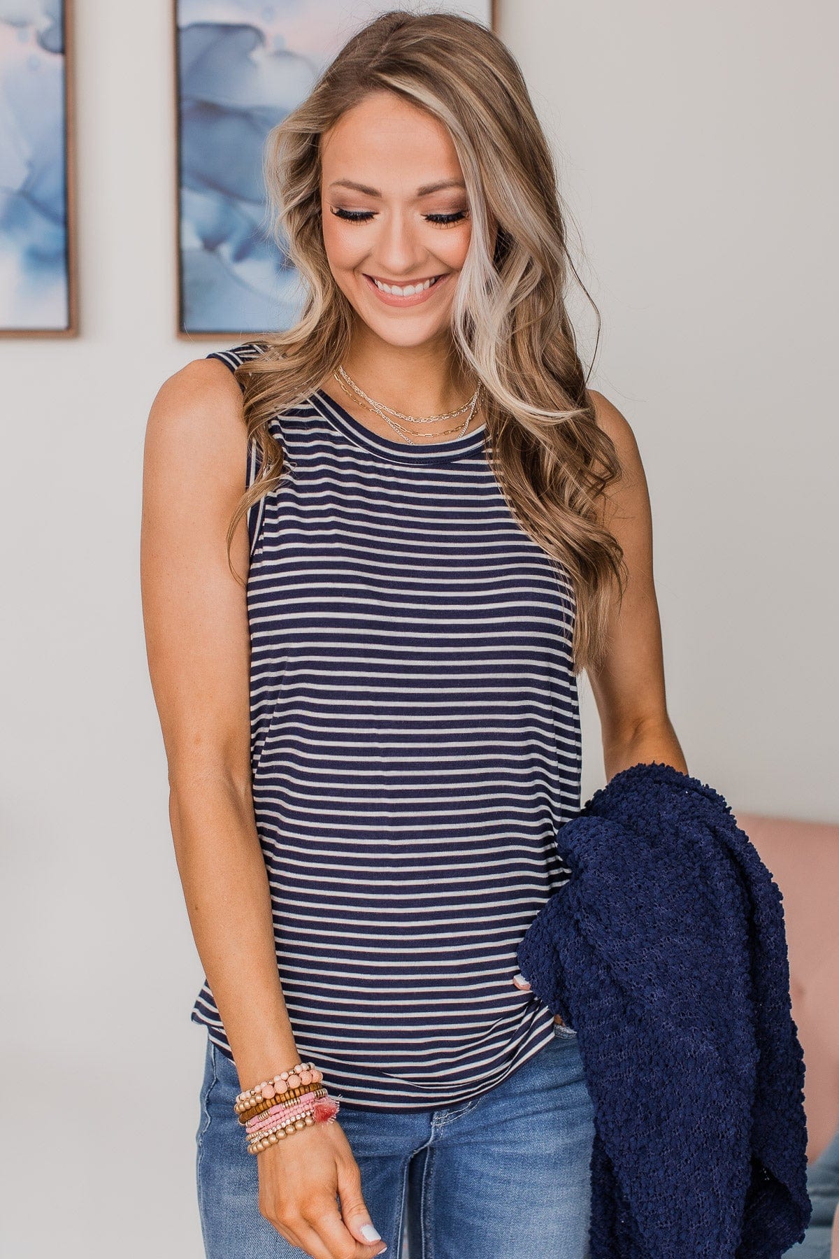 Happiness Achieved Striped Tank Top- Navy